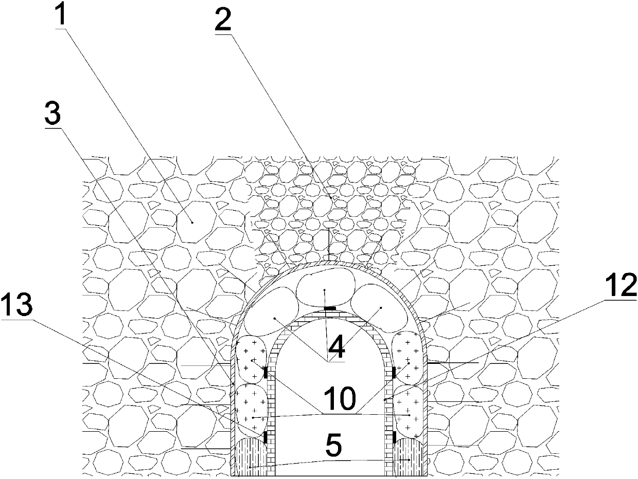 Split-cabin lining pressure-relief support structure with multiple fillers, and construction method