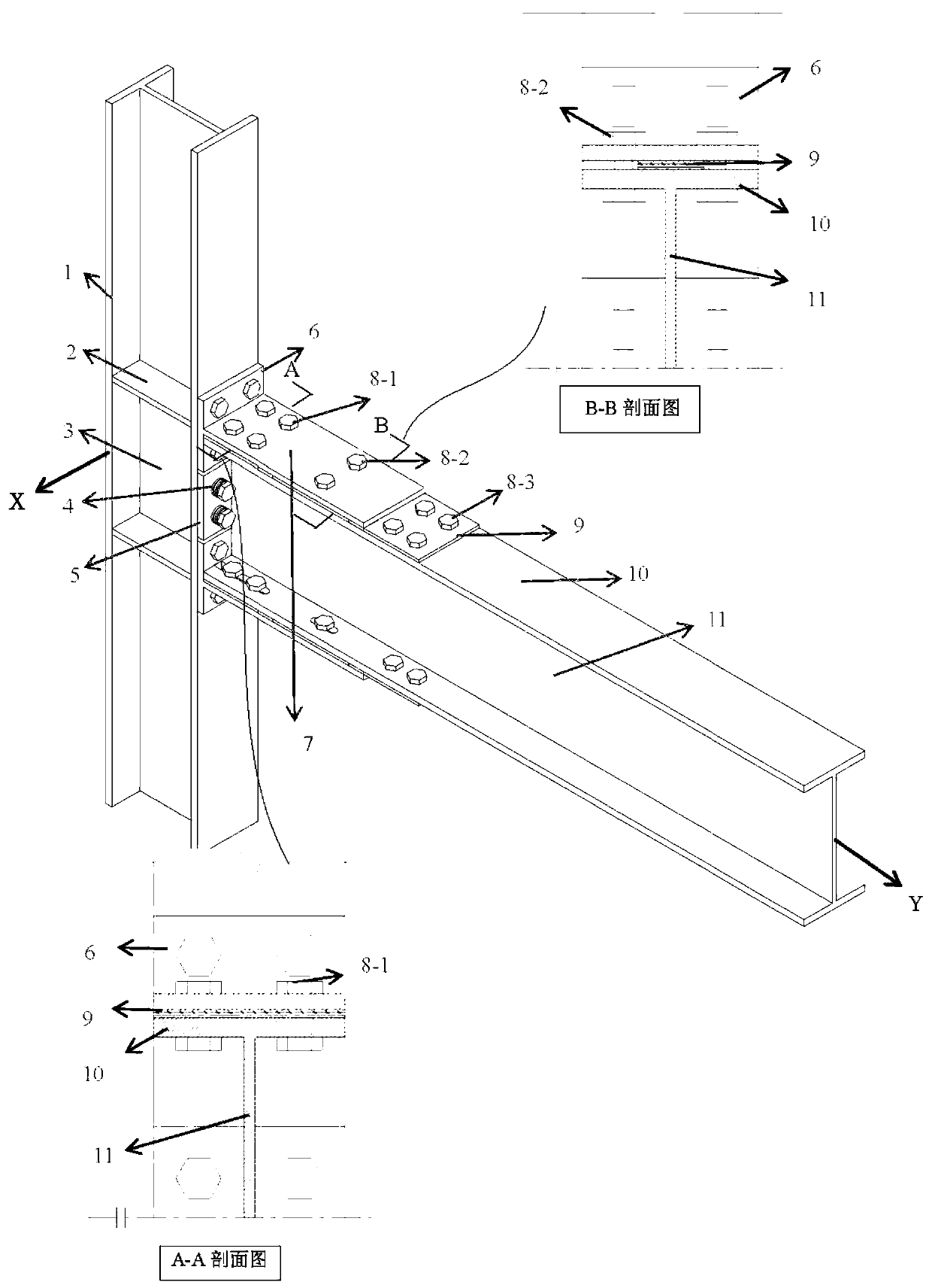 Buckling constrained beam and column self-reset joint based on steel-shape memory alloy (SMA) plate set element and assembly method