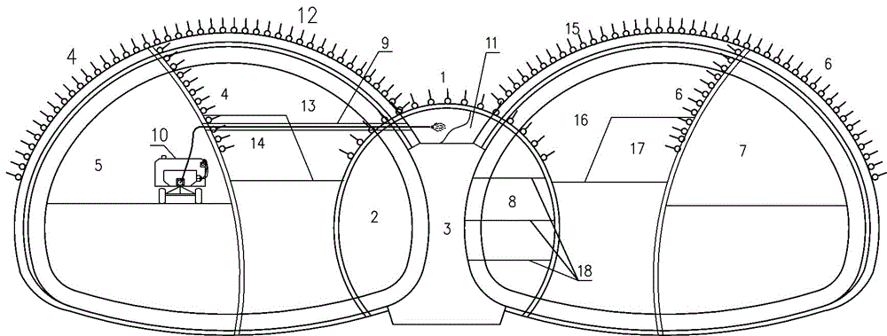 Twin-arch tunnel middle pilot tunnel vault backfilling construction method