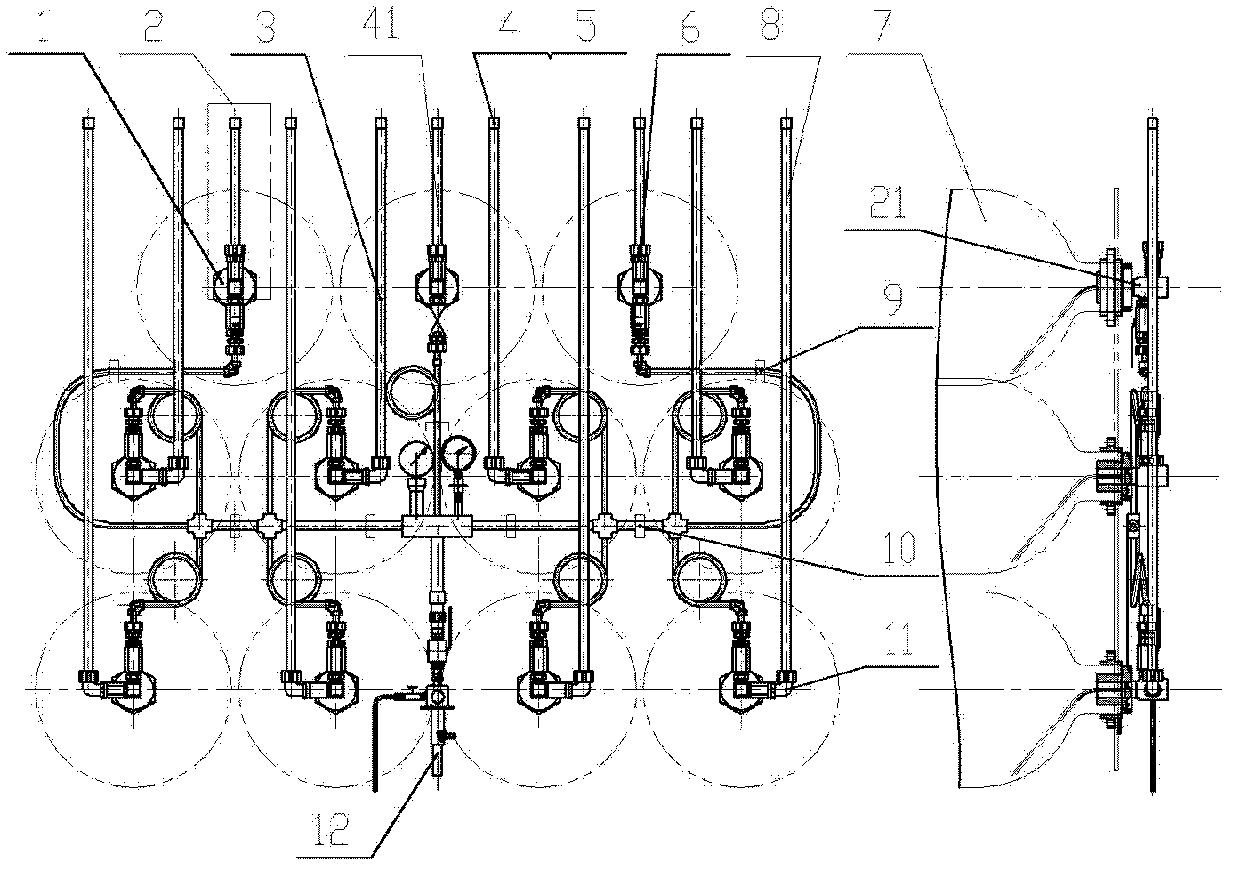 Inlet and outlet gas confluence device of eleven-high-pressure-gas-cylinder trailer