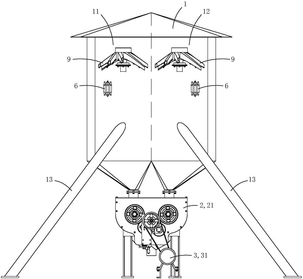 Electric grain discharging type dual-body granary with self-rotating type grain distributors