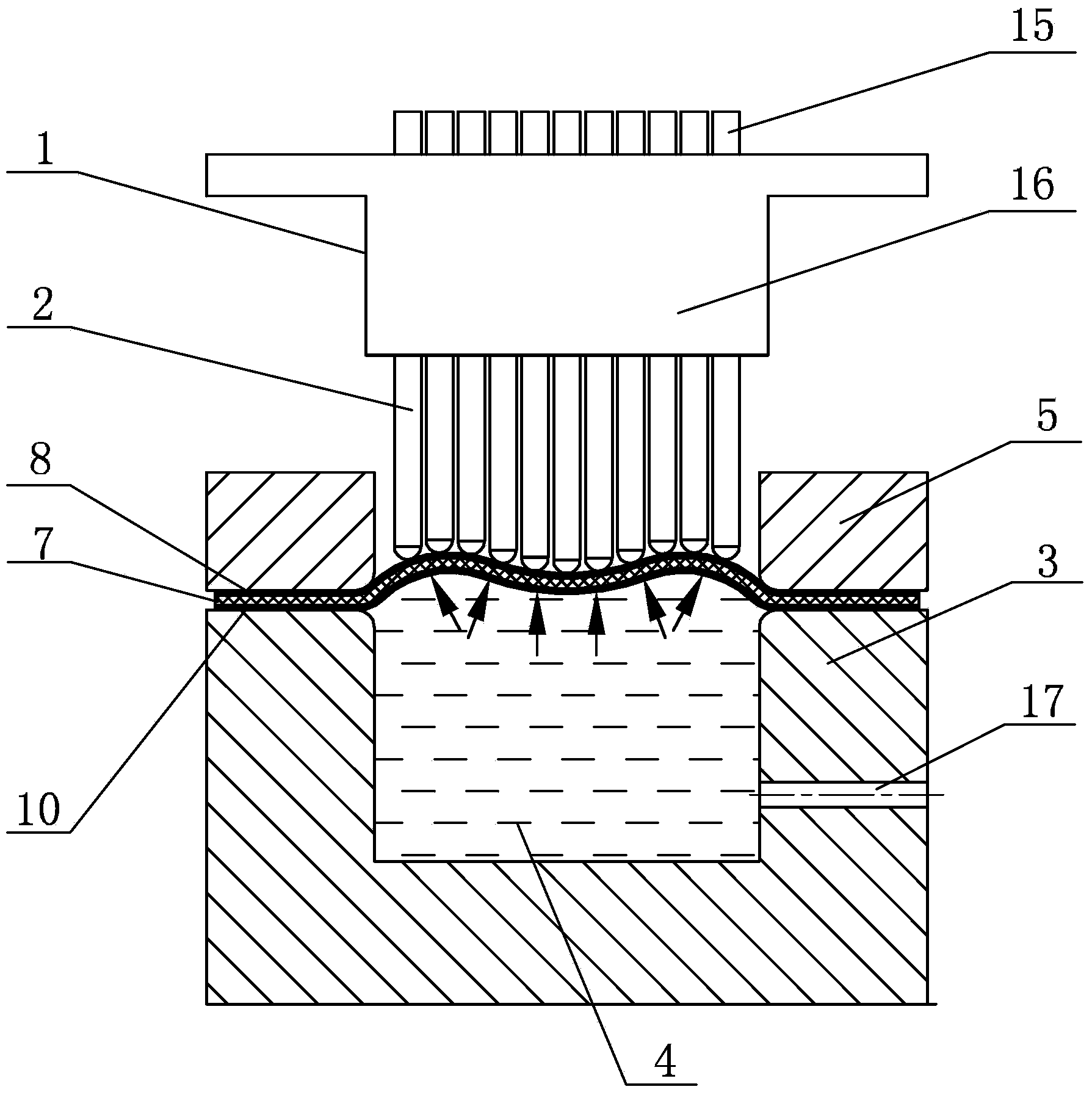 Multi-point male die liquid-filling drawing forming device and method for plate