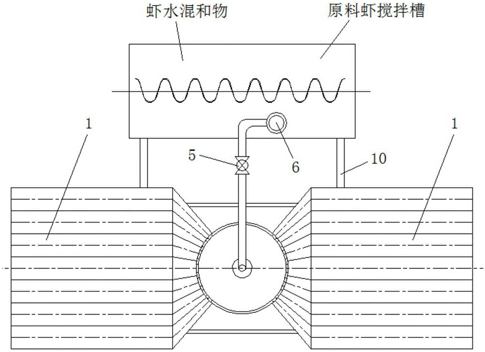 Uniform feeding device and method for unshelling processing of small shrimps