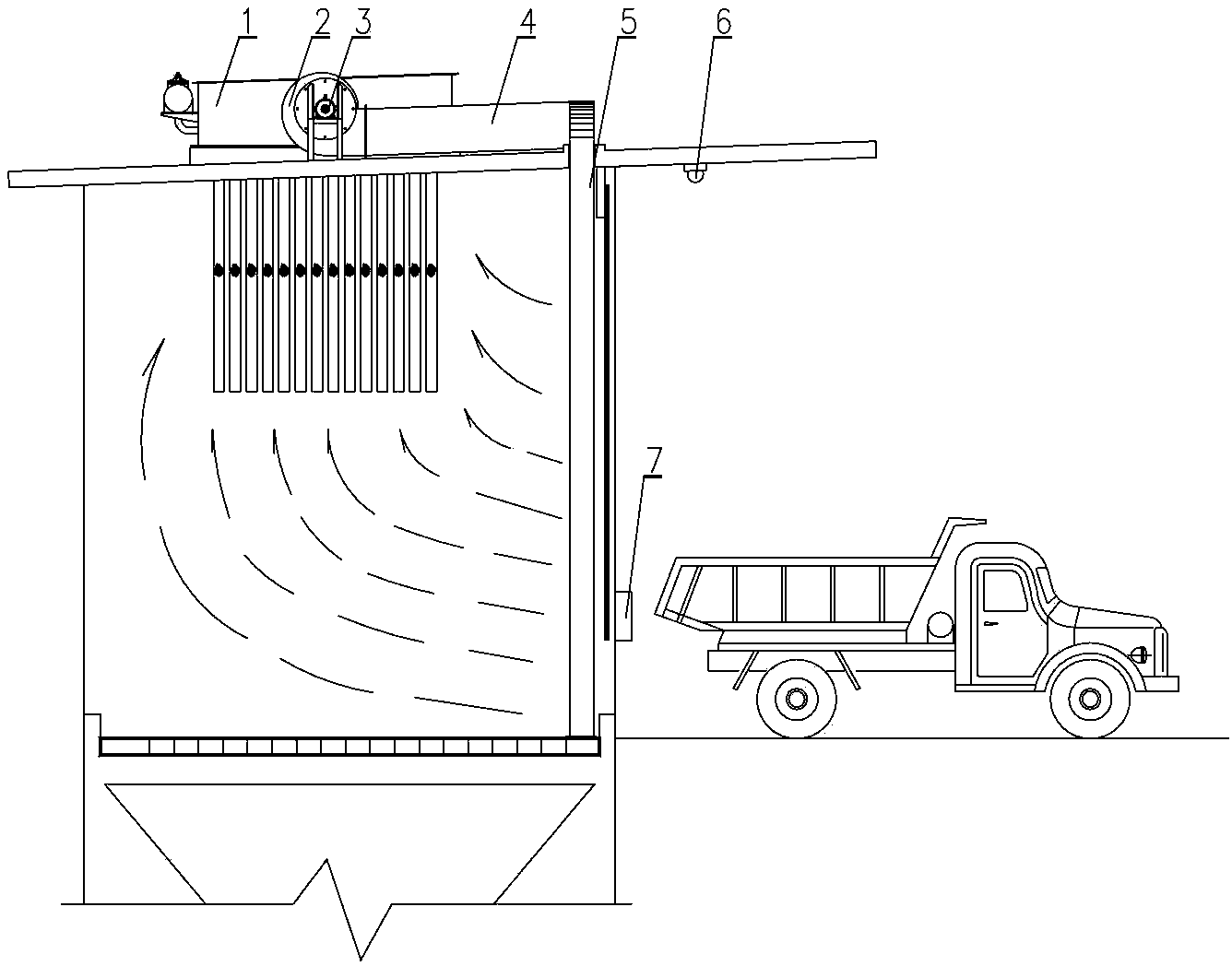 Automatic control circulating air curtain dustproof and dedusting device for automobile unload groove