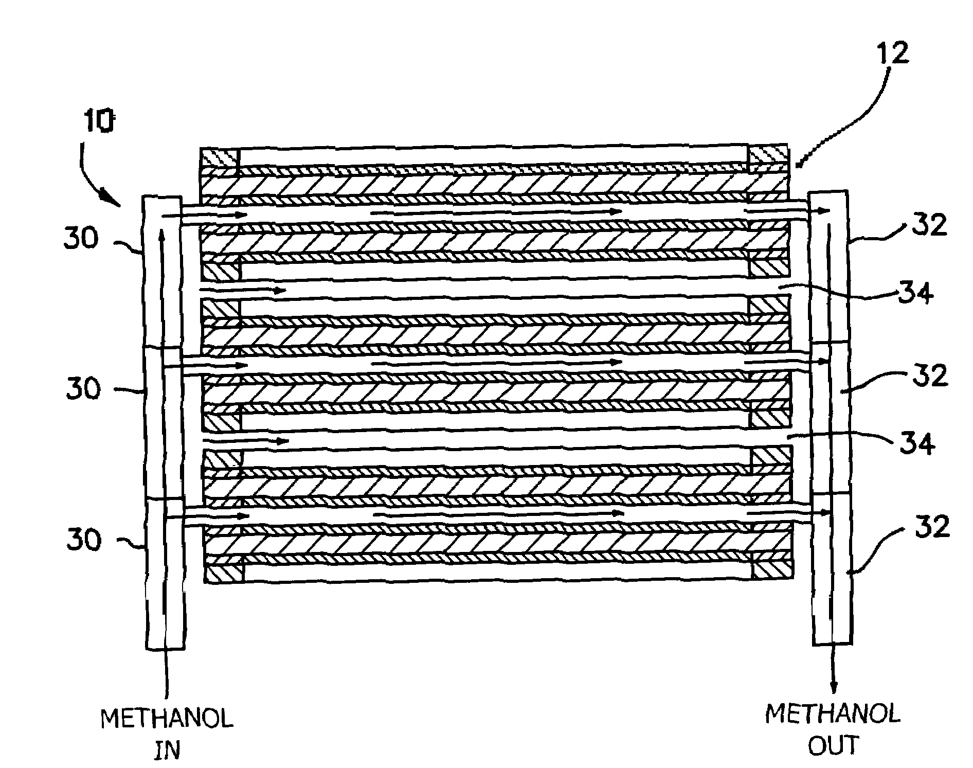 Monopolar fuel cell stack coupled together without use of top or bottom cover plates or tie rods