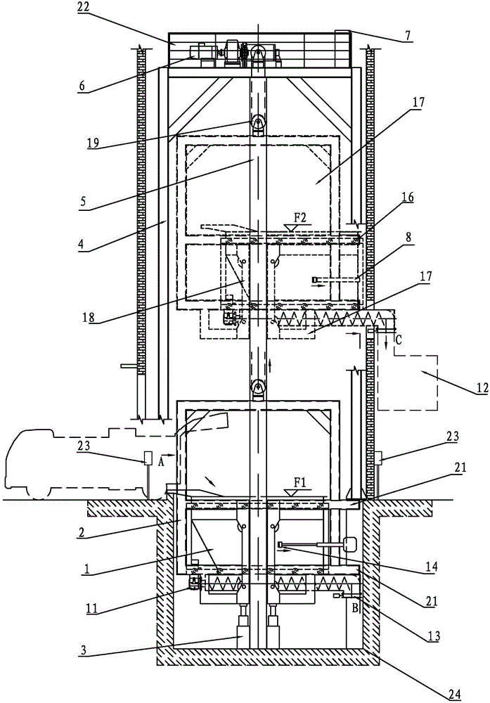 High-capacity organic garbage lifting and oriented discharging system