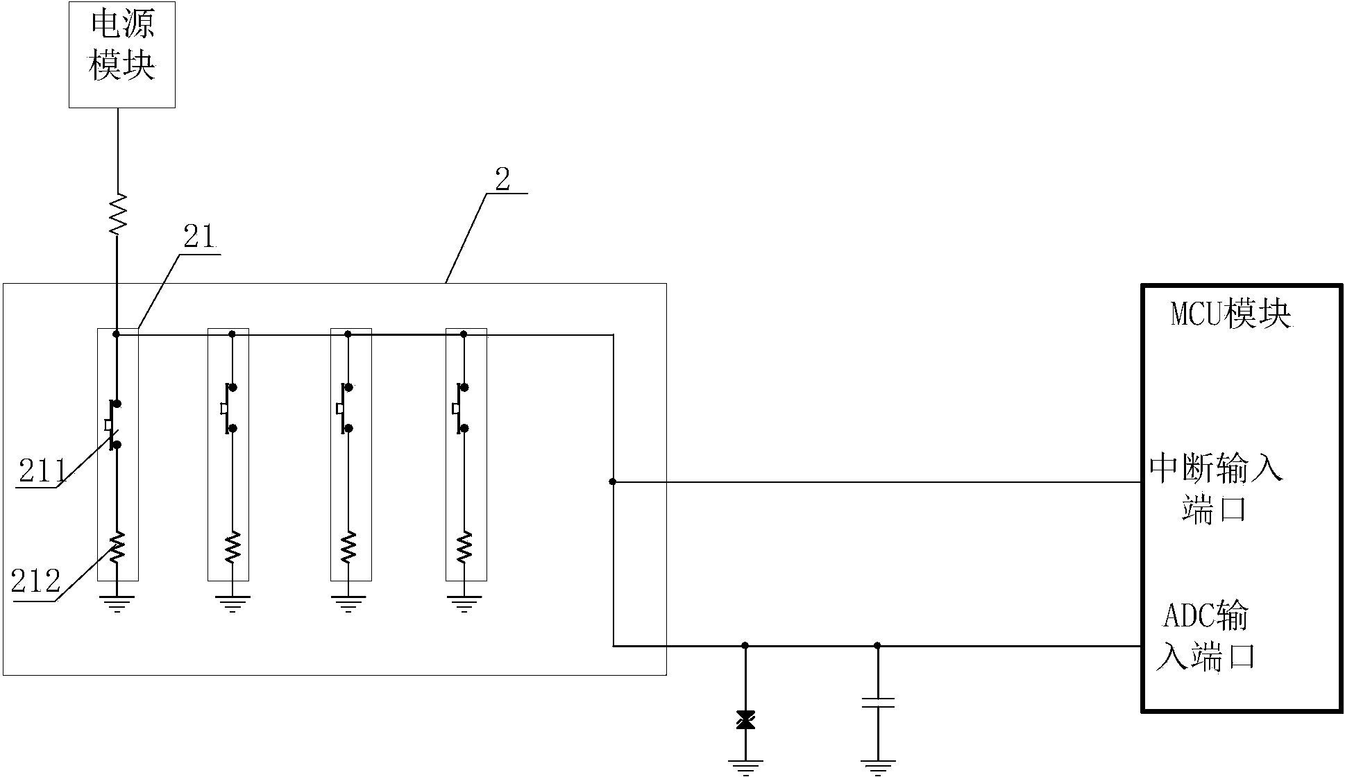 ADC port simulation multi-IO-port key input device, television-system and method