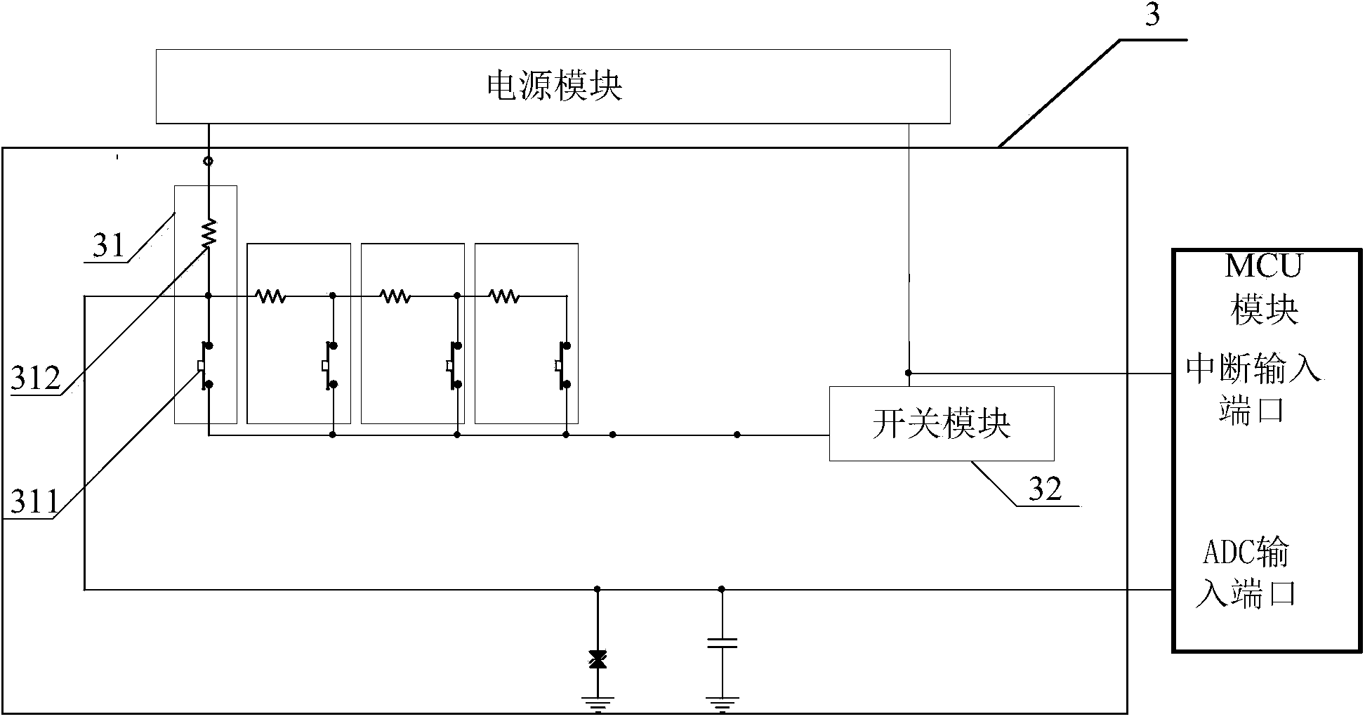 ADC port simulation multi-IO-port key input device, television-system and method