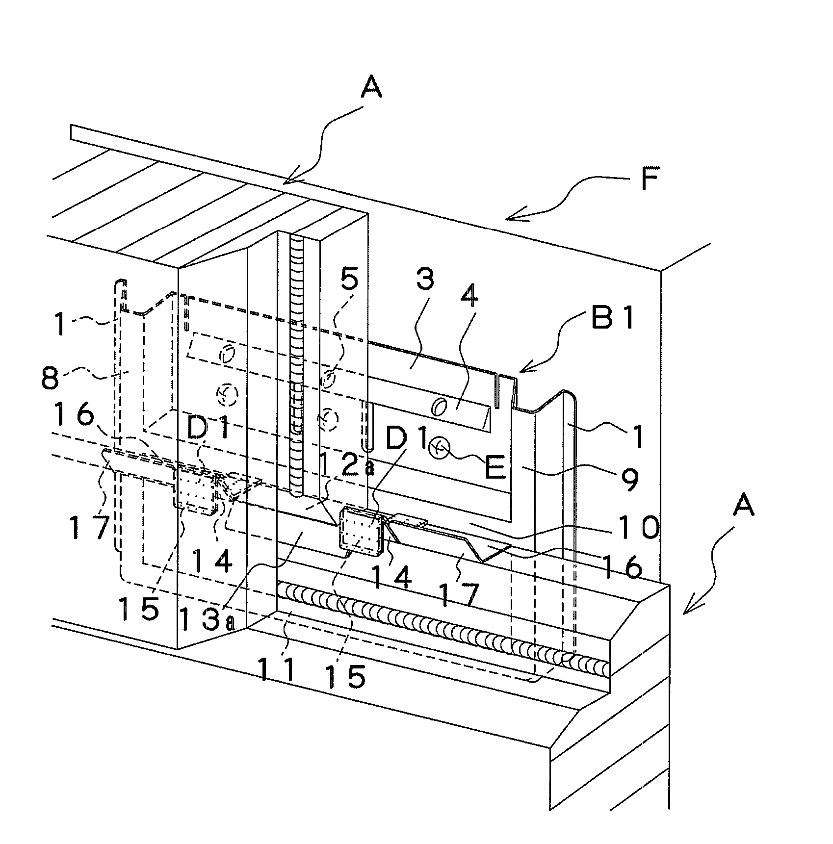 Fastening member and external wall construction structure