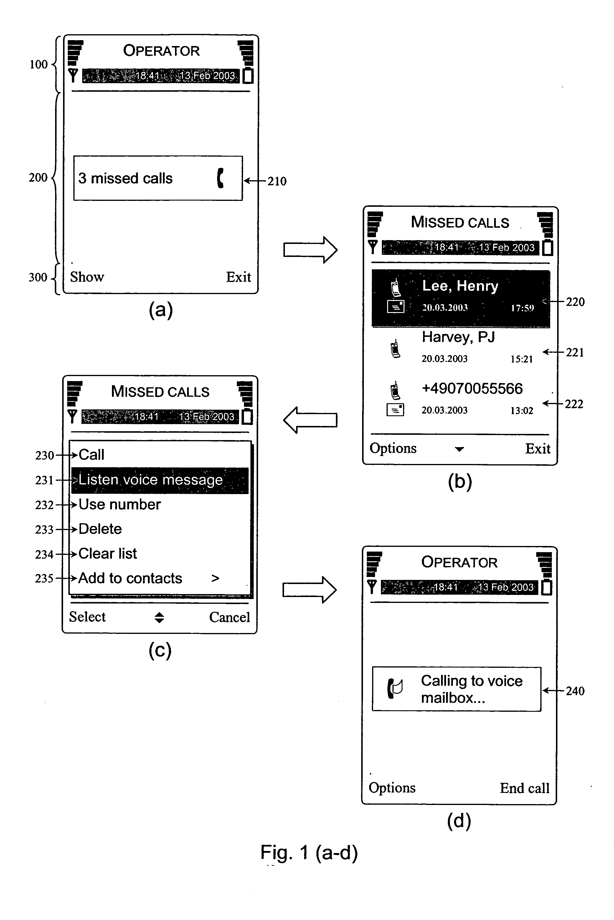 Method and device for handling missed calls in a mobile communications environment