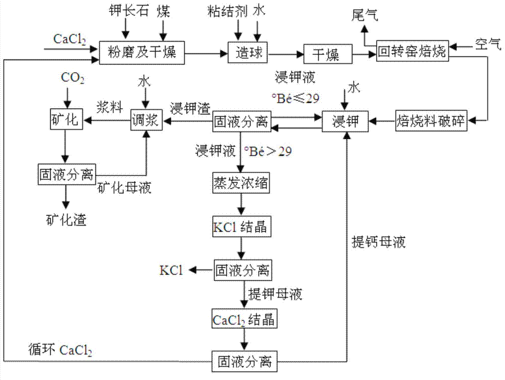 Method for concurrent production of potassium chloride and mineralization fixation of CO2