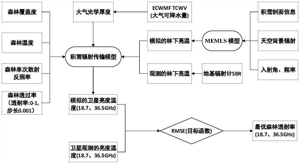 Dynamic inversion method and device for influence of forest on global snow water equivalent