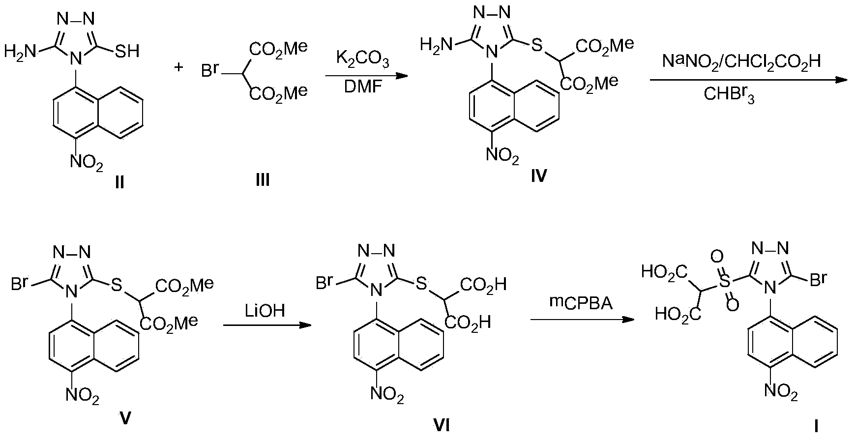 Nitro-substituted triazolesulfonylmalonic acid compounds as well as preparation method and application thereof