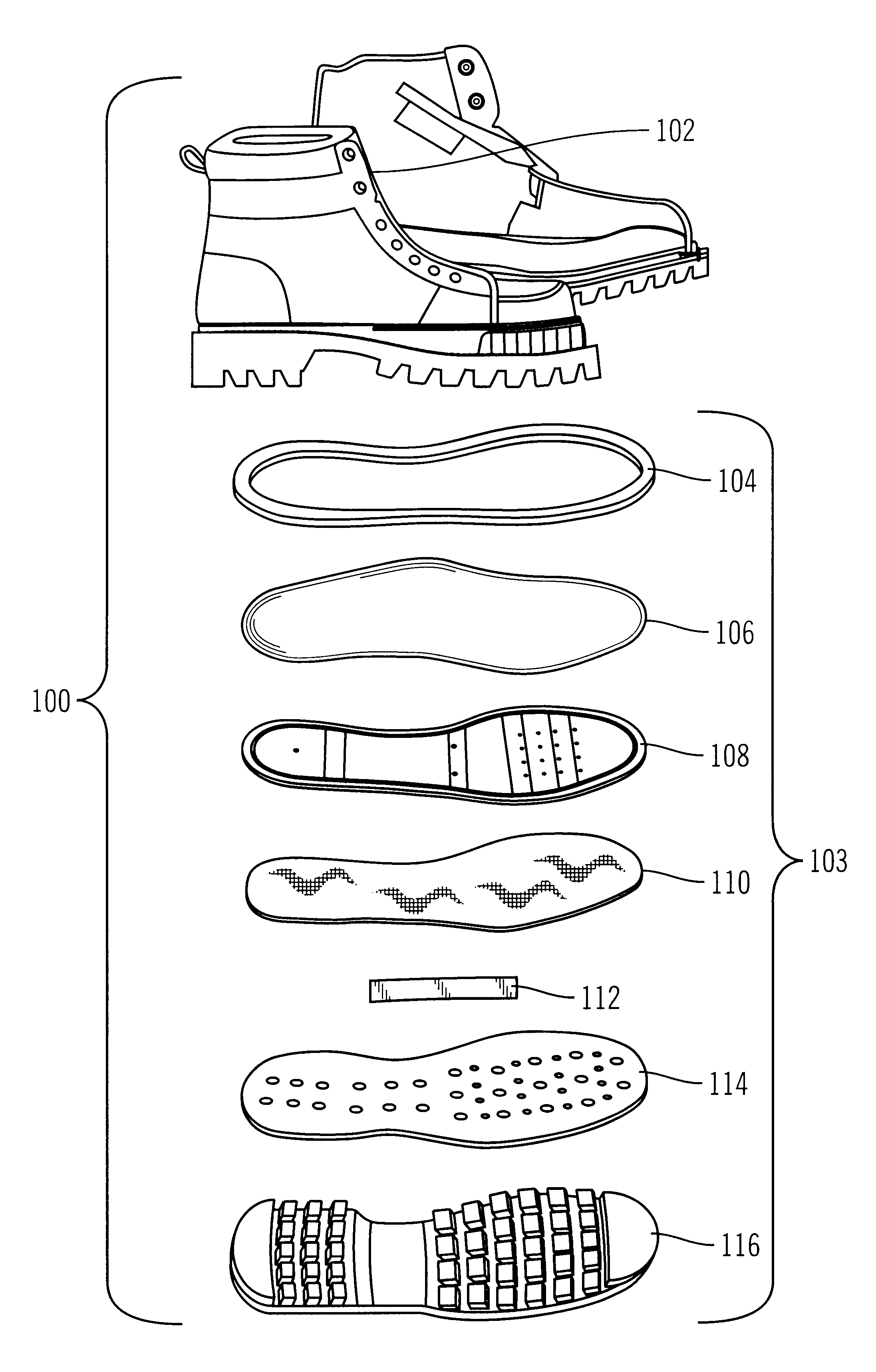 Footwear with fixedly secured insole for structural support