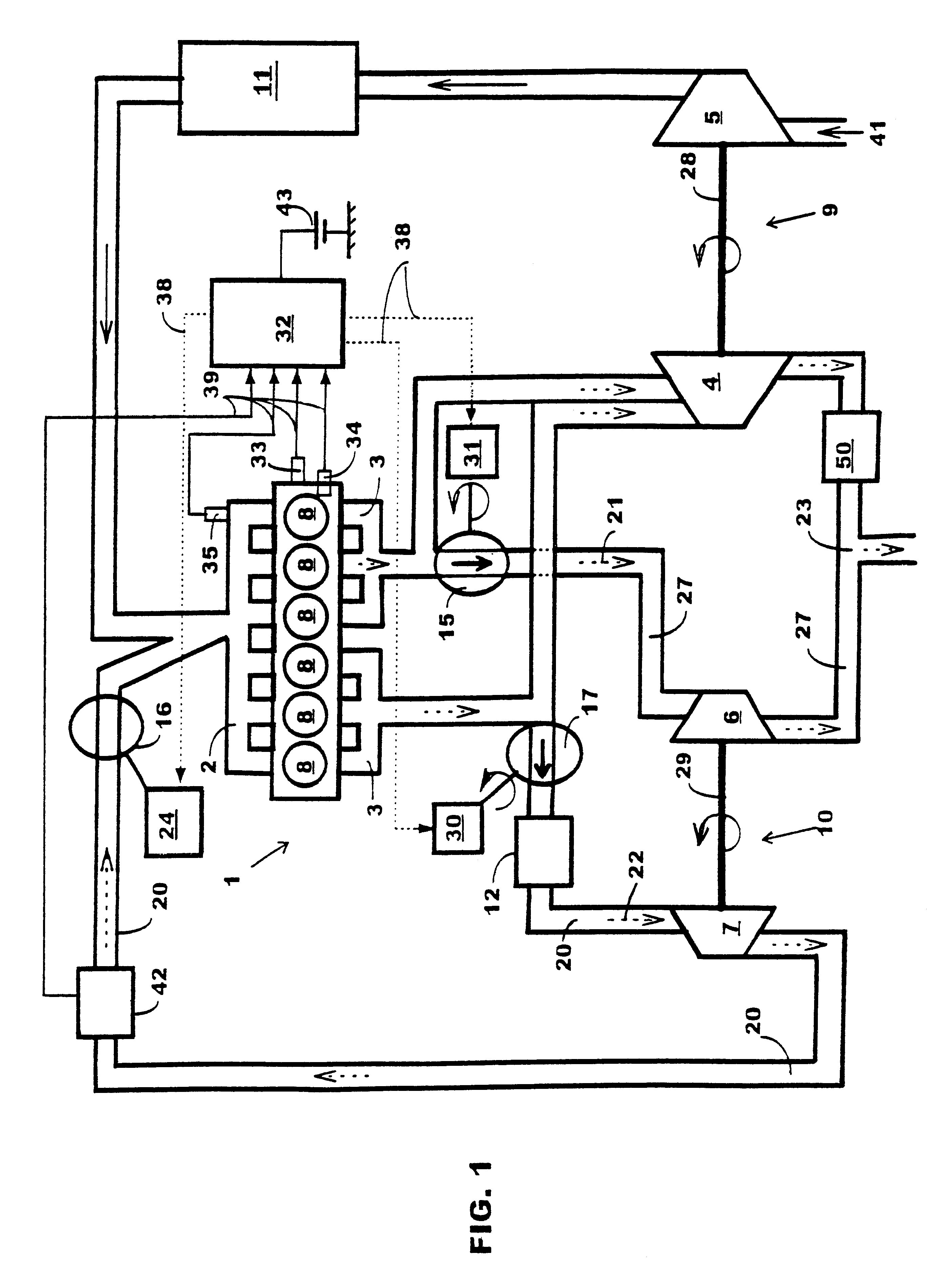 Supercharged combustion engine, preferably of diesel type, provided with a device for exhaust gas feedback