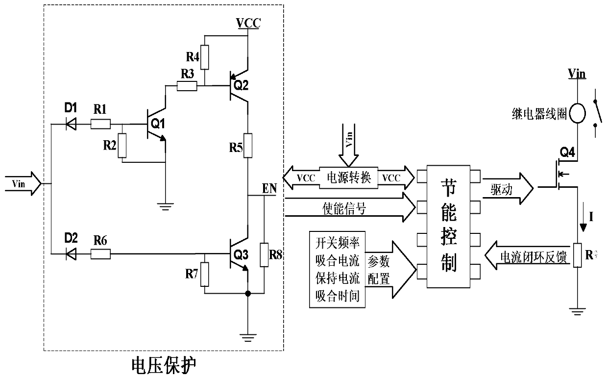 Vehicle relay energy saving control circuit having voltage protection