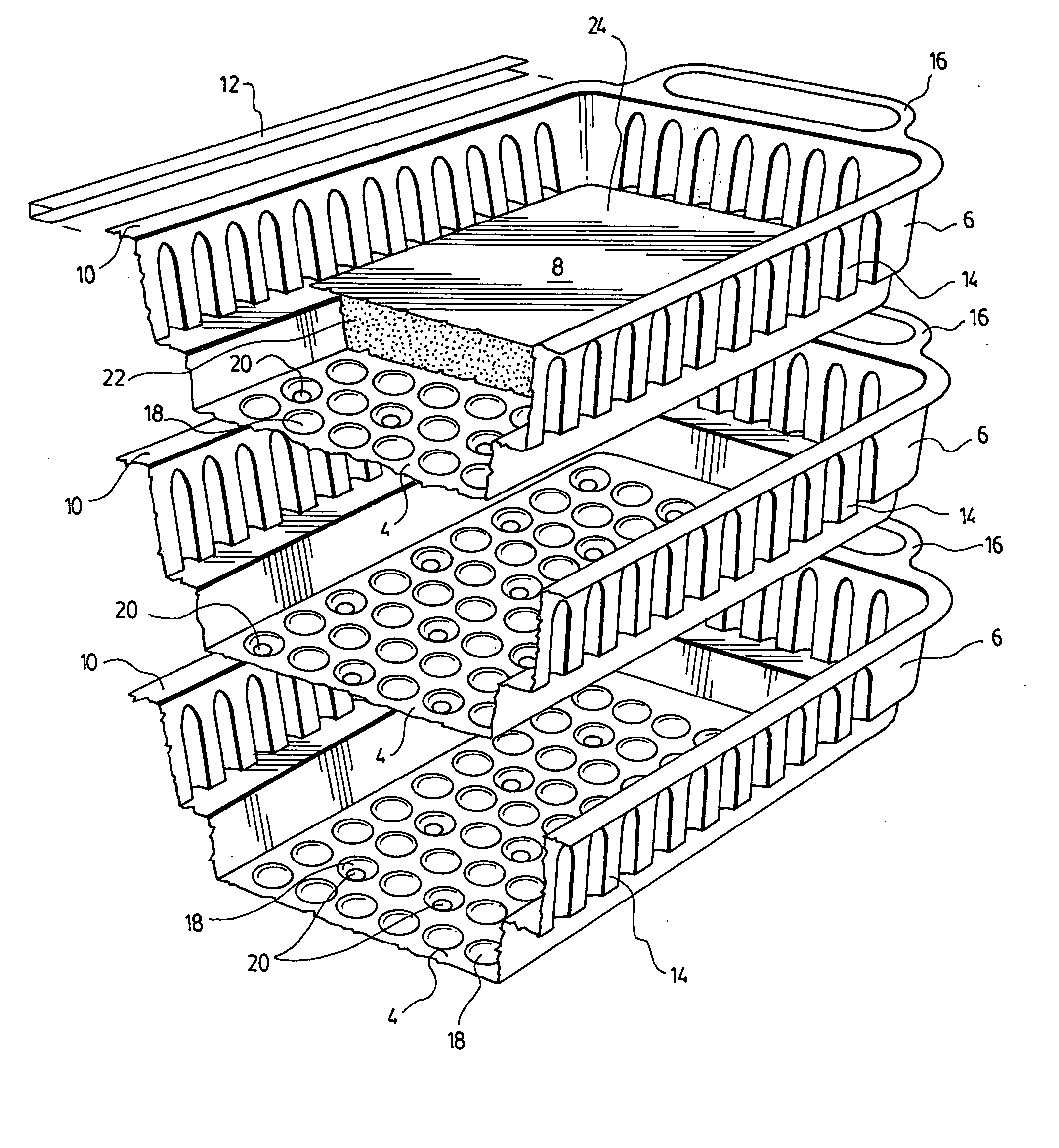 Litter made of several perforated pans for cats or other domestic animals