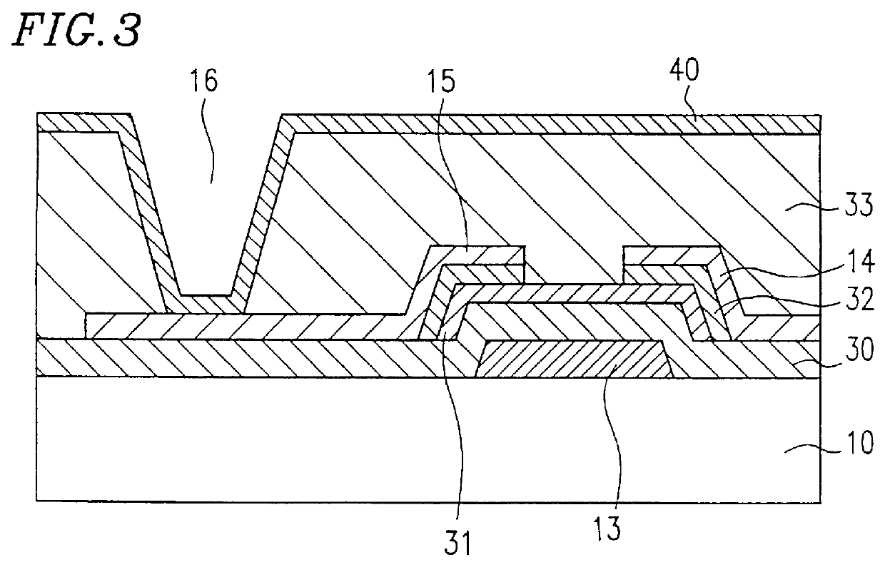 Active matrix display device having defect repair extension line beneath each pixel