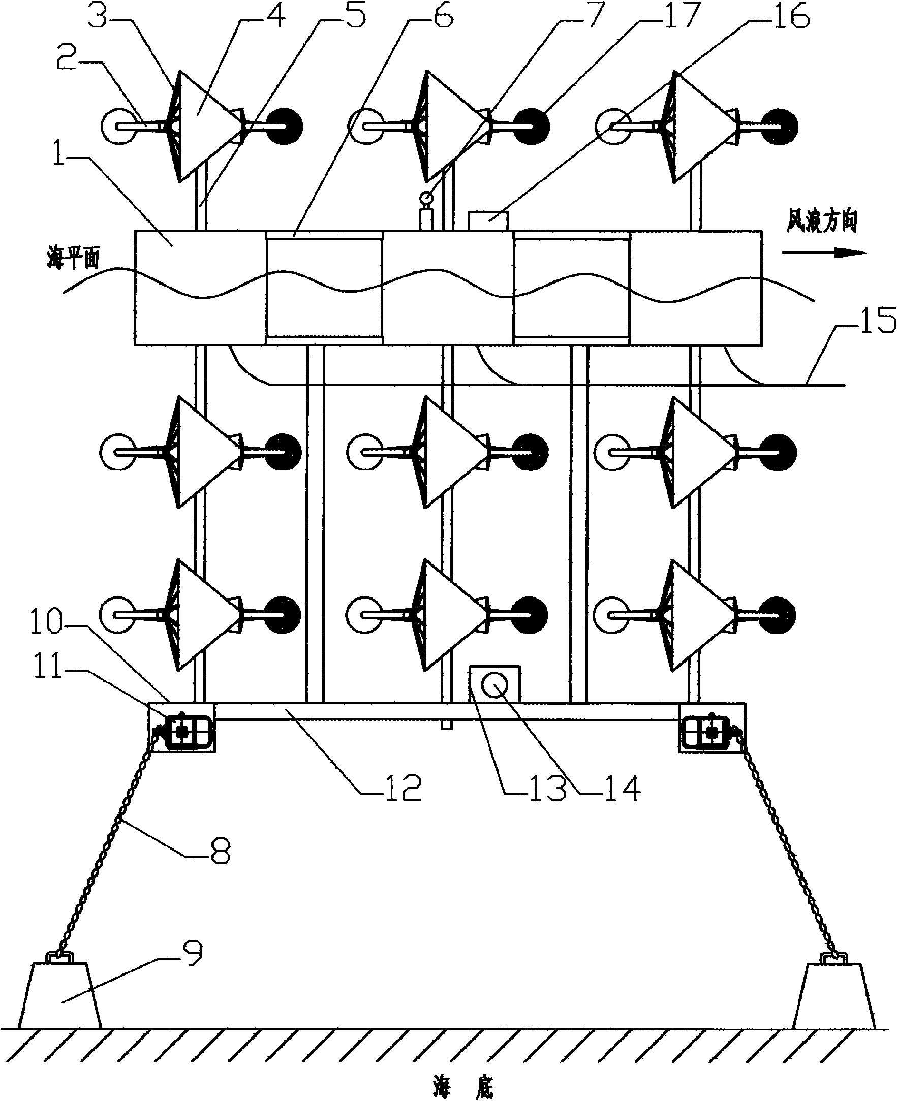 Array type sea breeze, sea wave double-acting electric generating apparatus