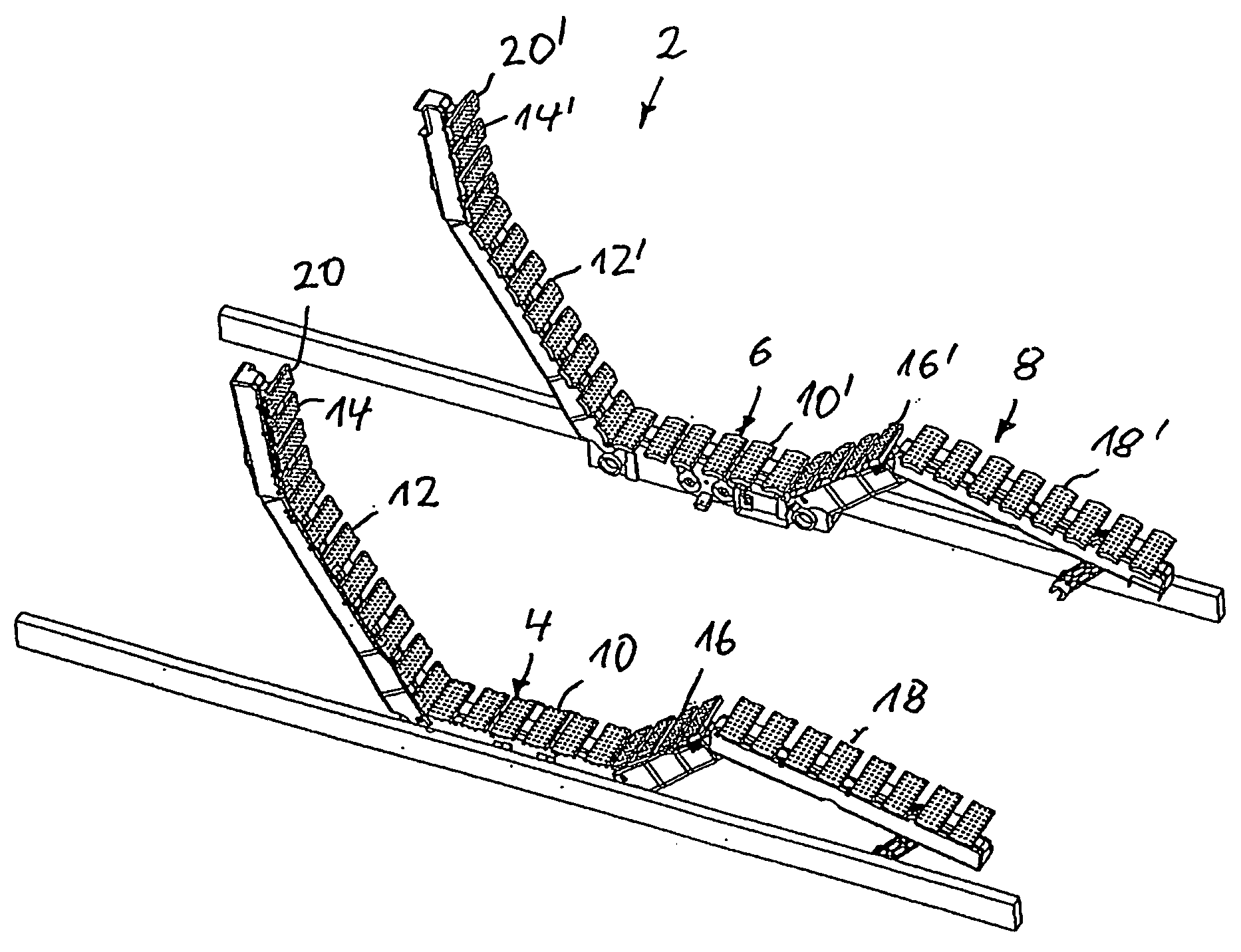 Modular system for assembling electromechanically adjustable supporting devices for upholstery of furniture for sitting or reclining