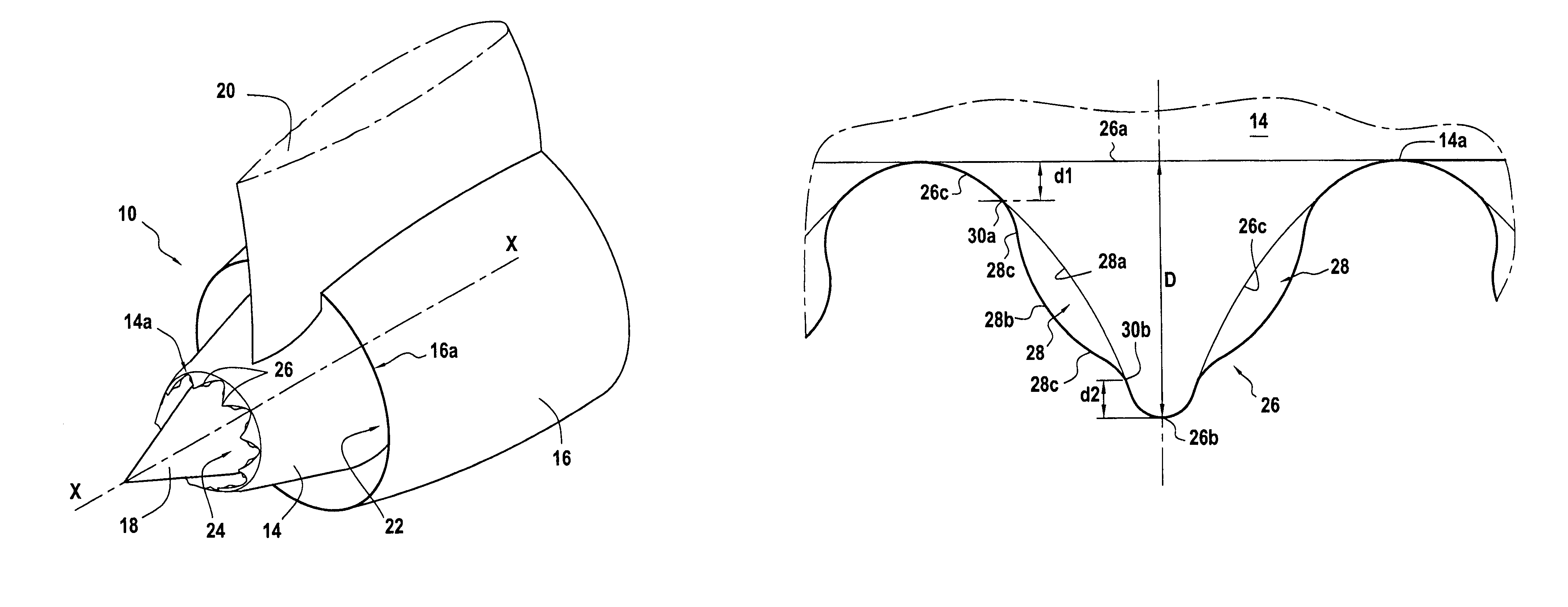 Turbomachine nozzle cowl having patterns with lateral fins for reducing jet noise