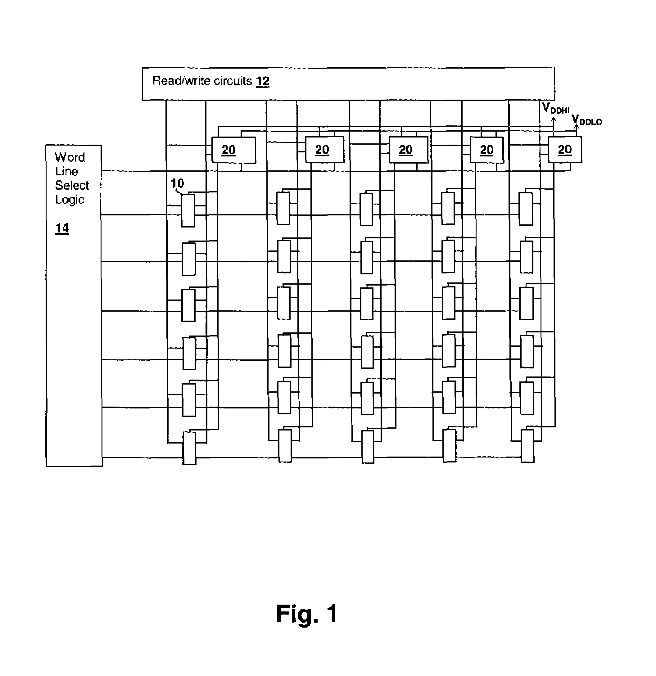 Energy efficient storage device using per-element selectable power supply voltages