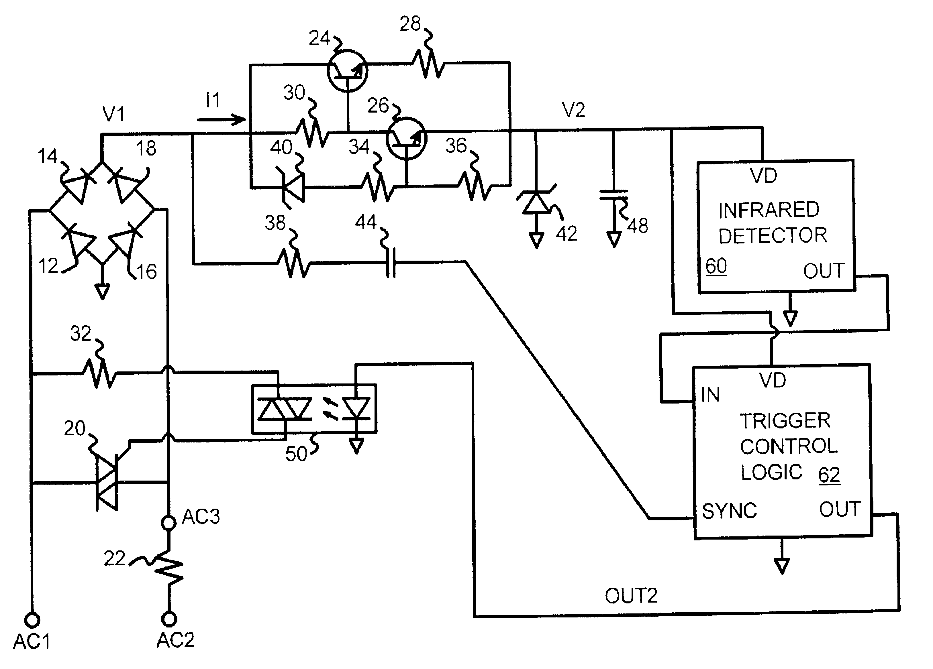 Infrared inductive light switch using triac trigger-control and early-charging-peak current limiter with adjustable power consumption