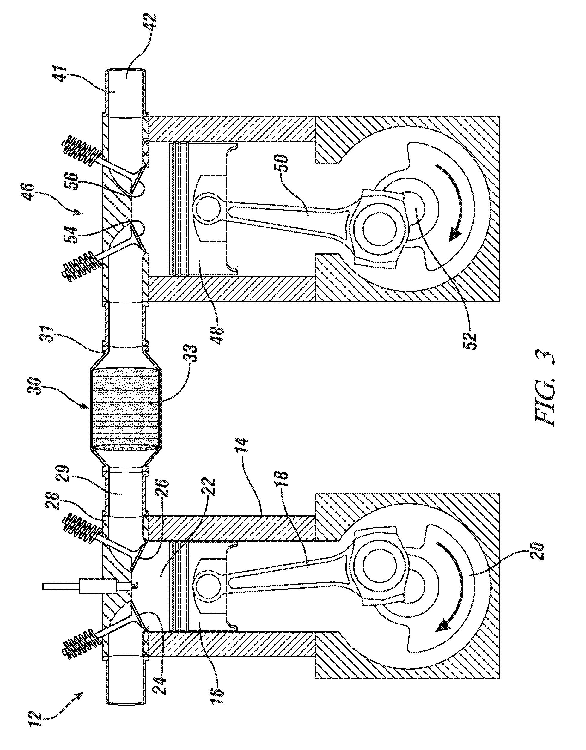 Internal combustion engine with emission treatment interposed between two expansion phases