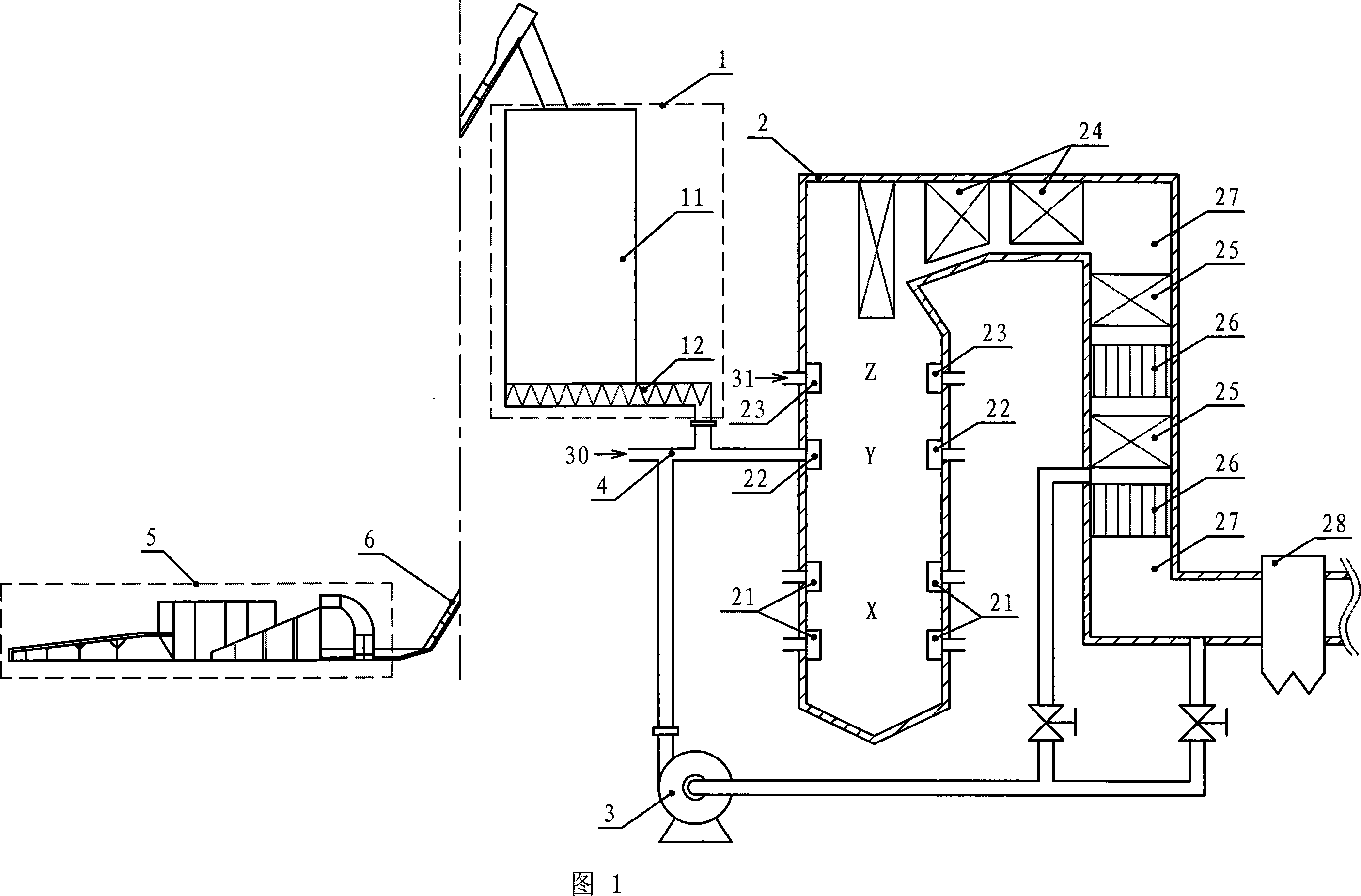 Method and device of denitration utilizing biomass direct burning and re-burning as well as smoke gas recirculating technology