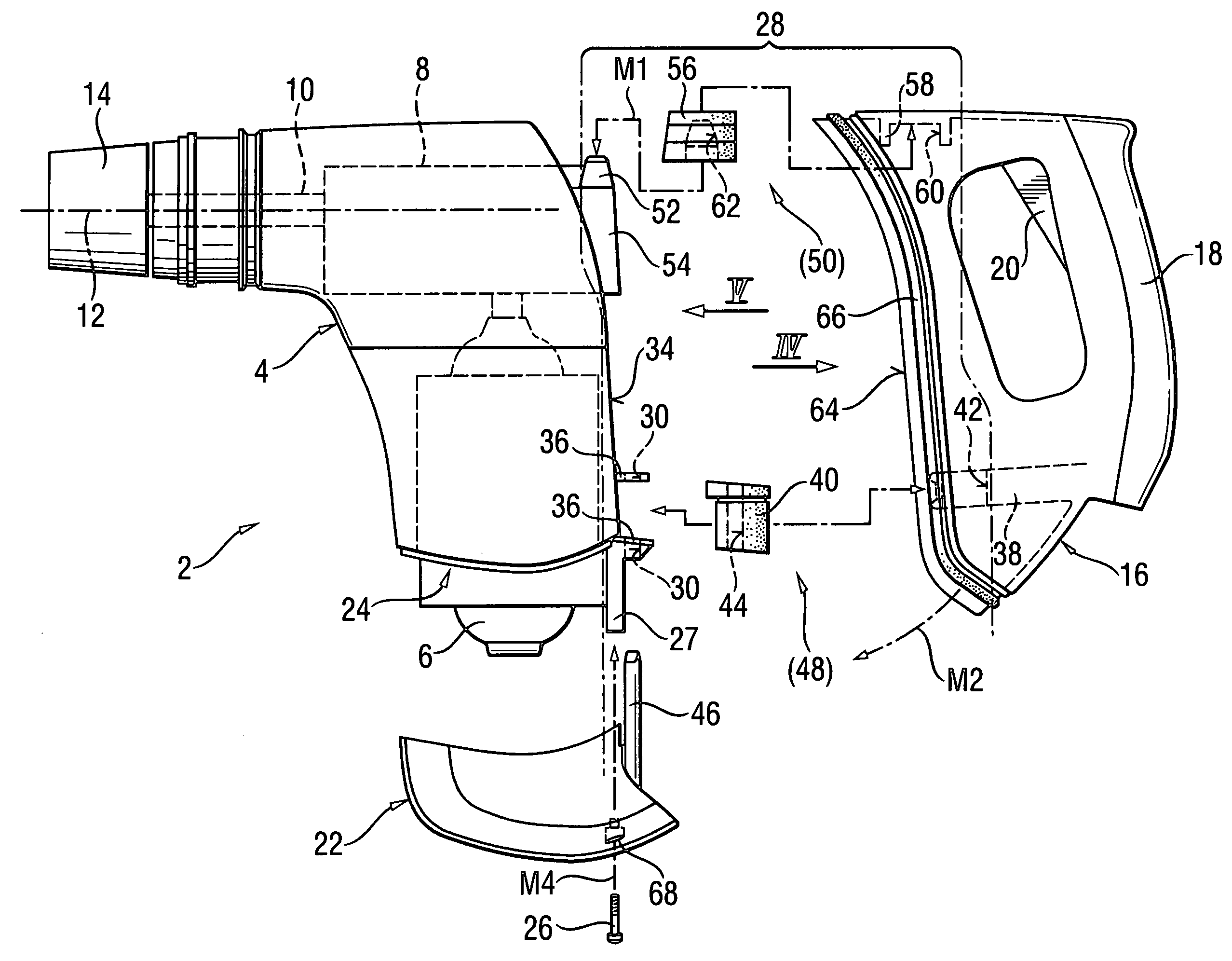 Hand-held power tool having main and handle housings with a connection device for connecting the housings