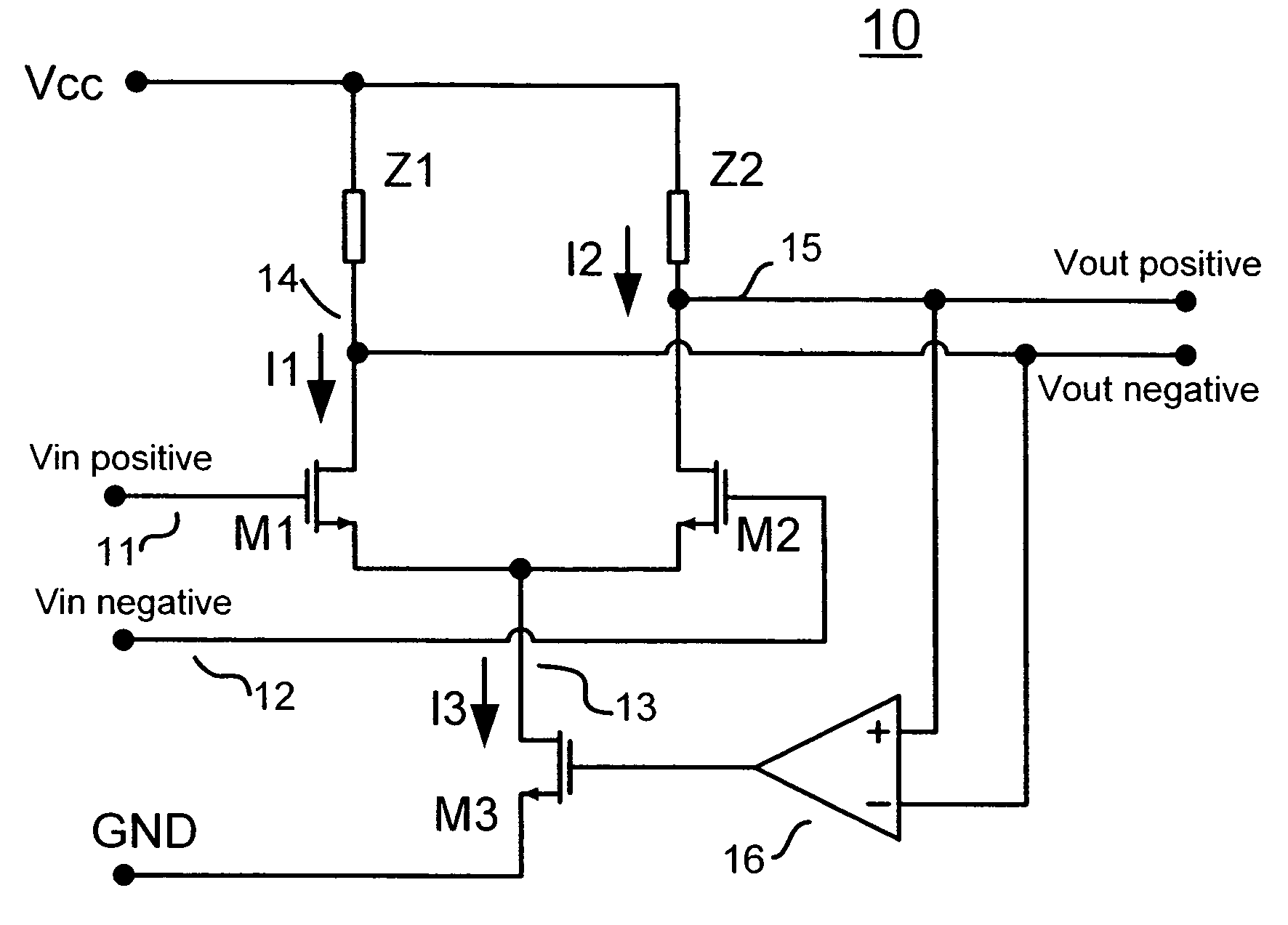 Differential amplifier with current source controlled through differential feedback