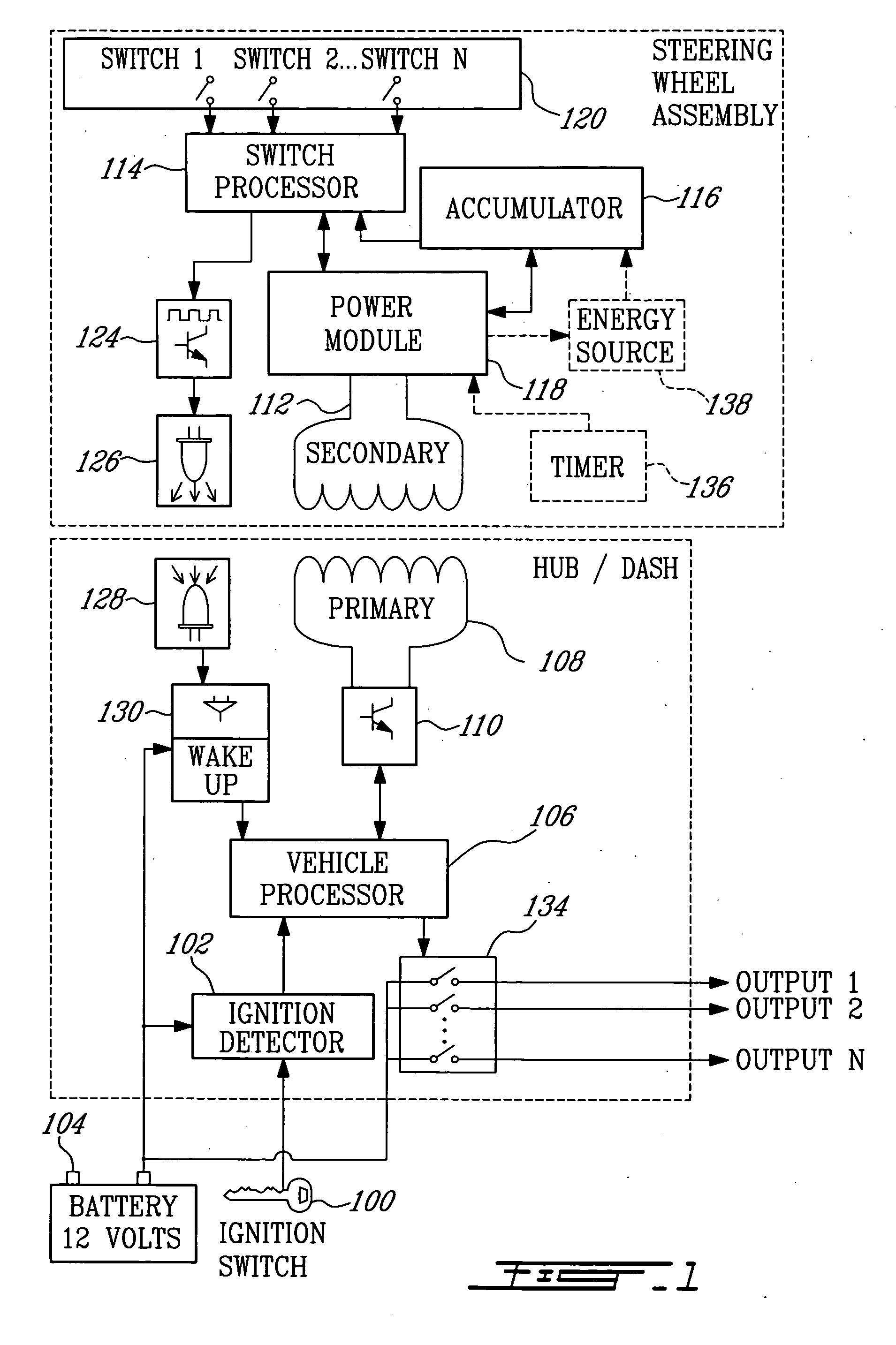 Marine vehicle steering wheel switch powering