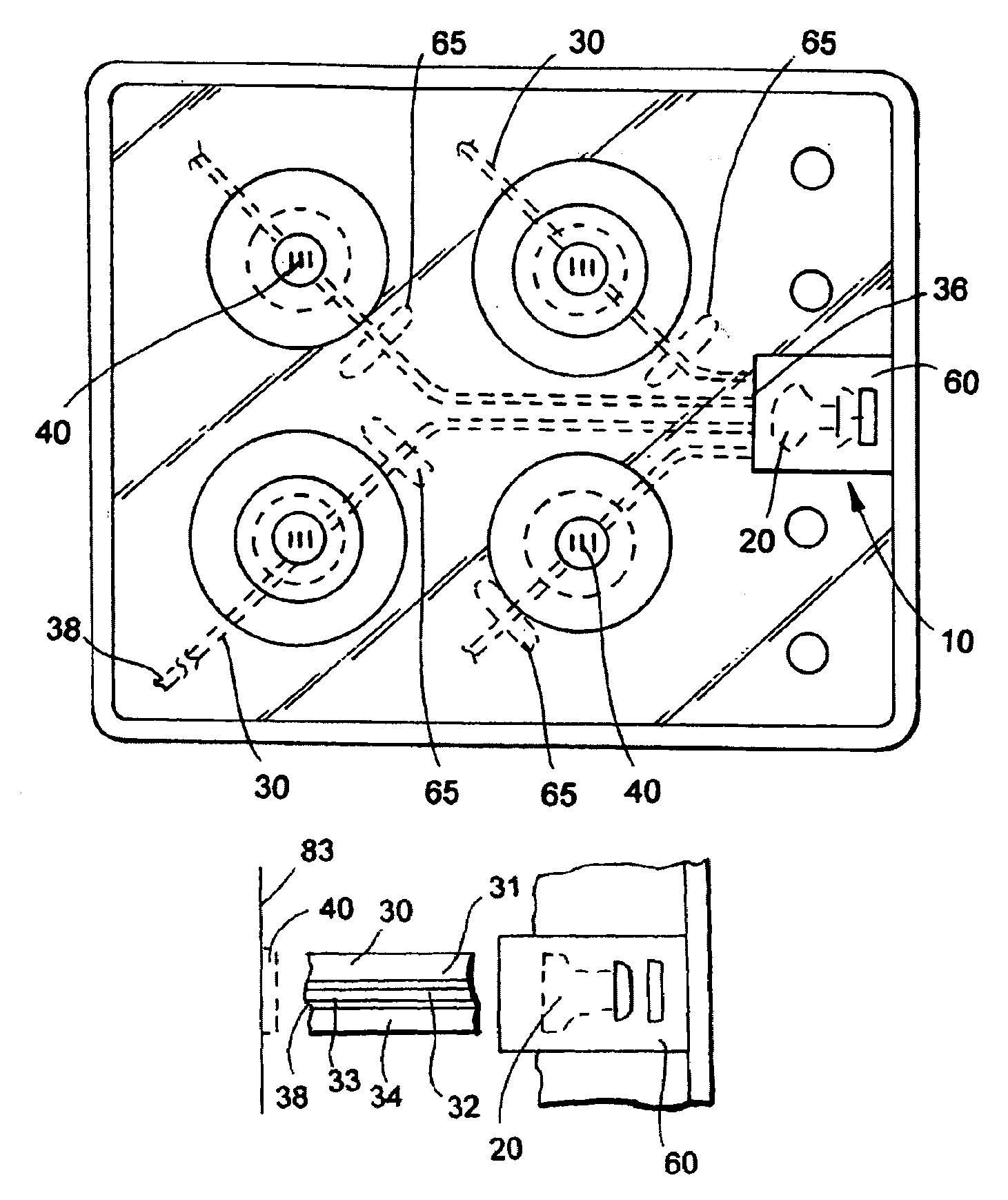 Excessive temperature warning device using warning symbol outside fiber optic cable or light guide