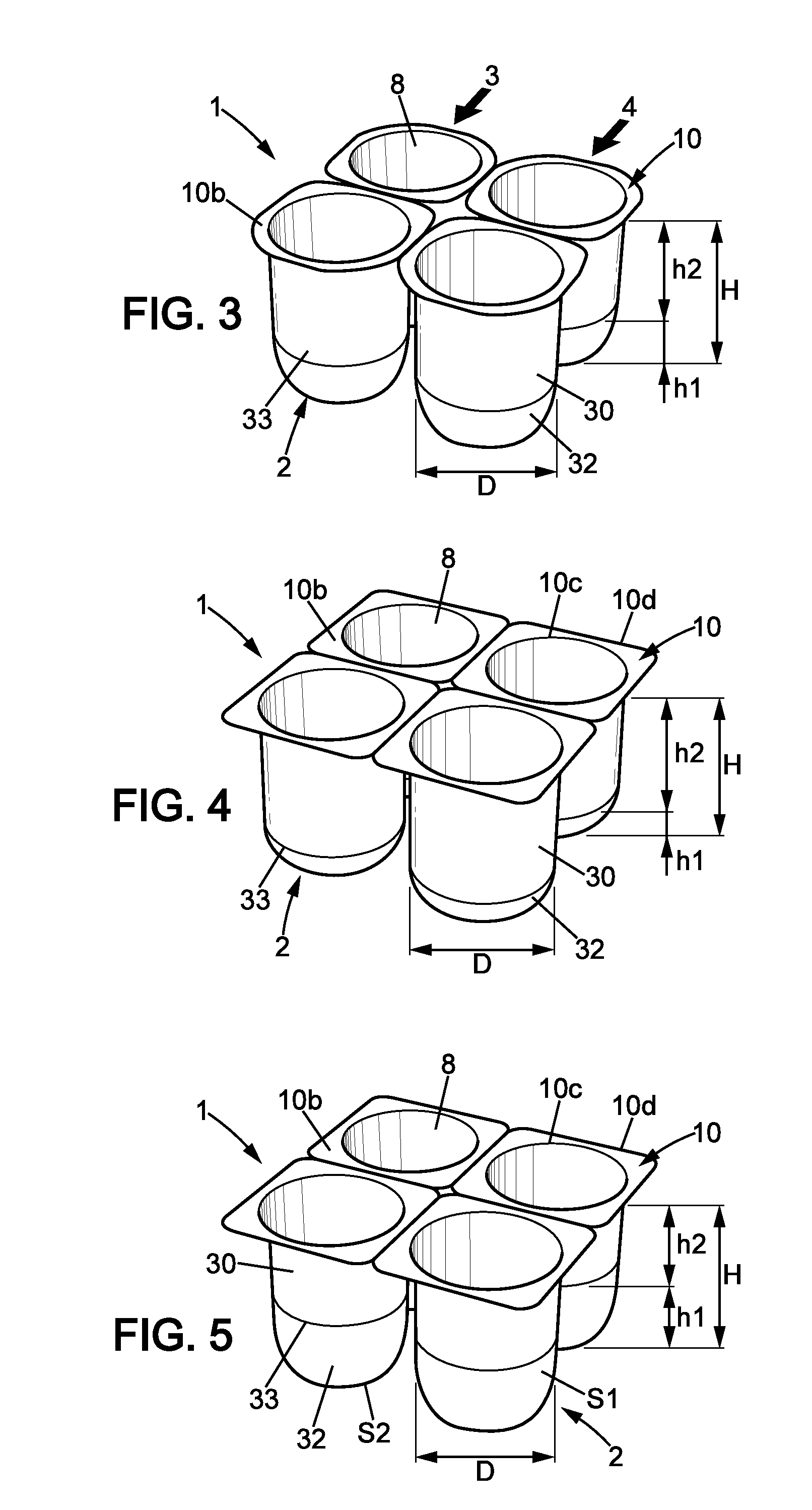 Plastic flanged containers and food product pack comprising such containers