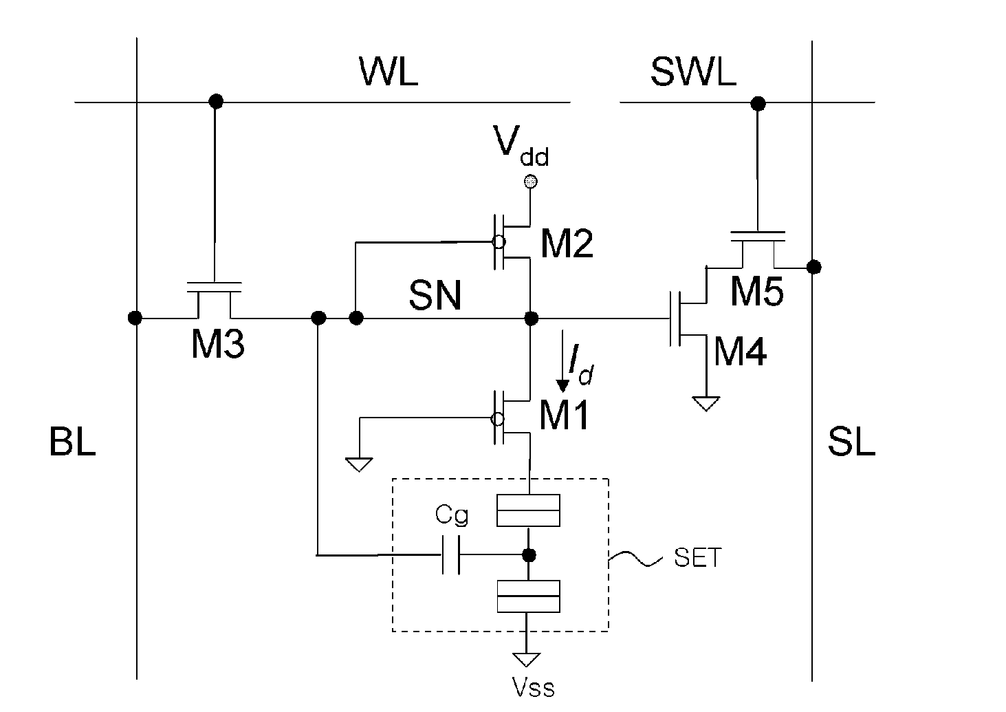 Multiple valued dynamic random access memory cell and thereof array using single electron transistor