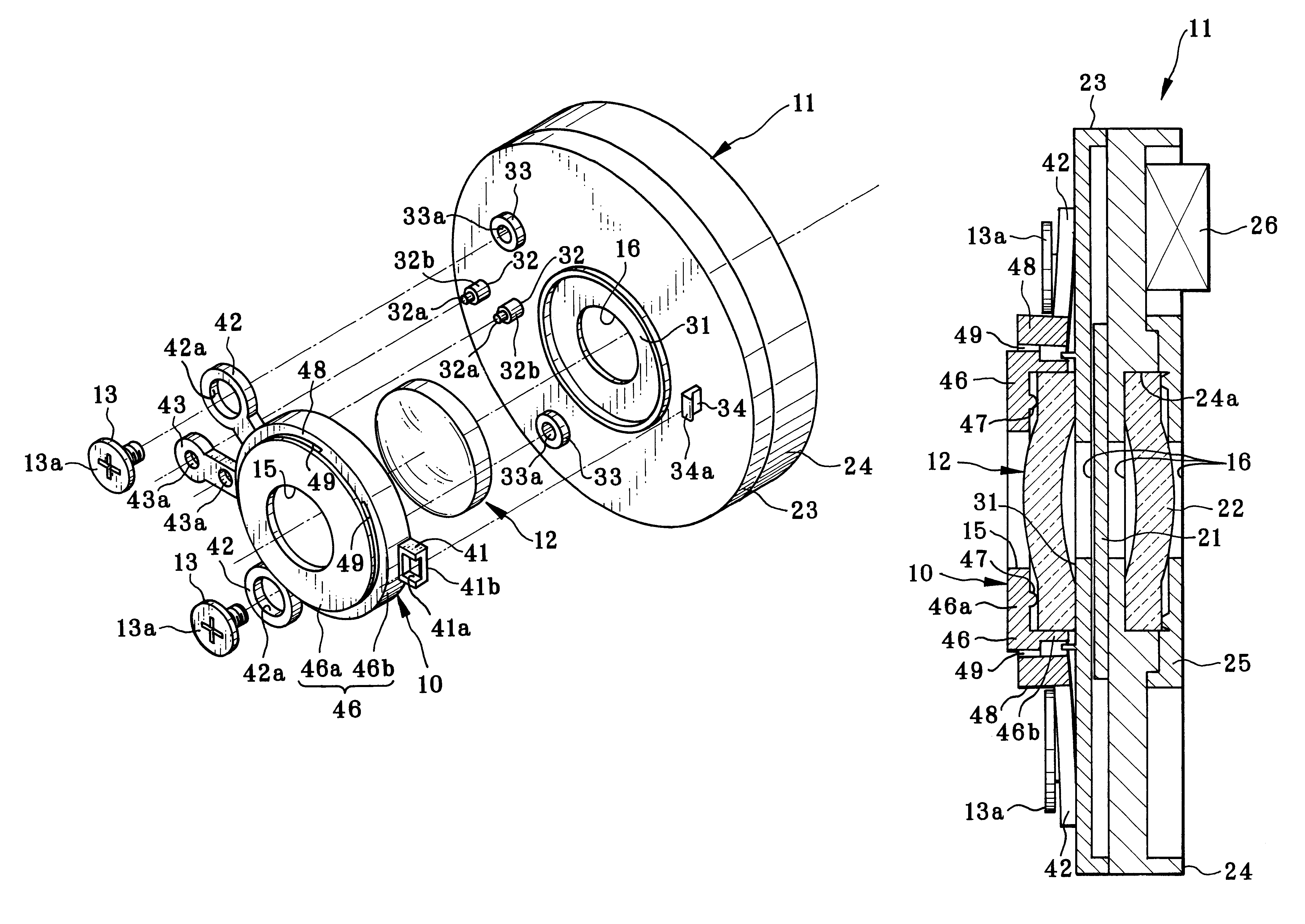 Lens holding frame for securing lens element to lens base