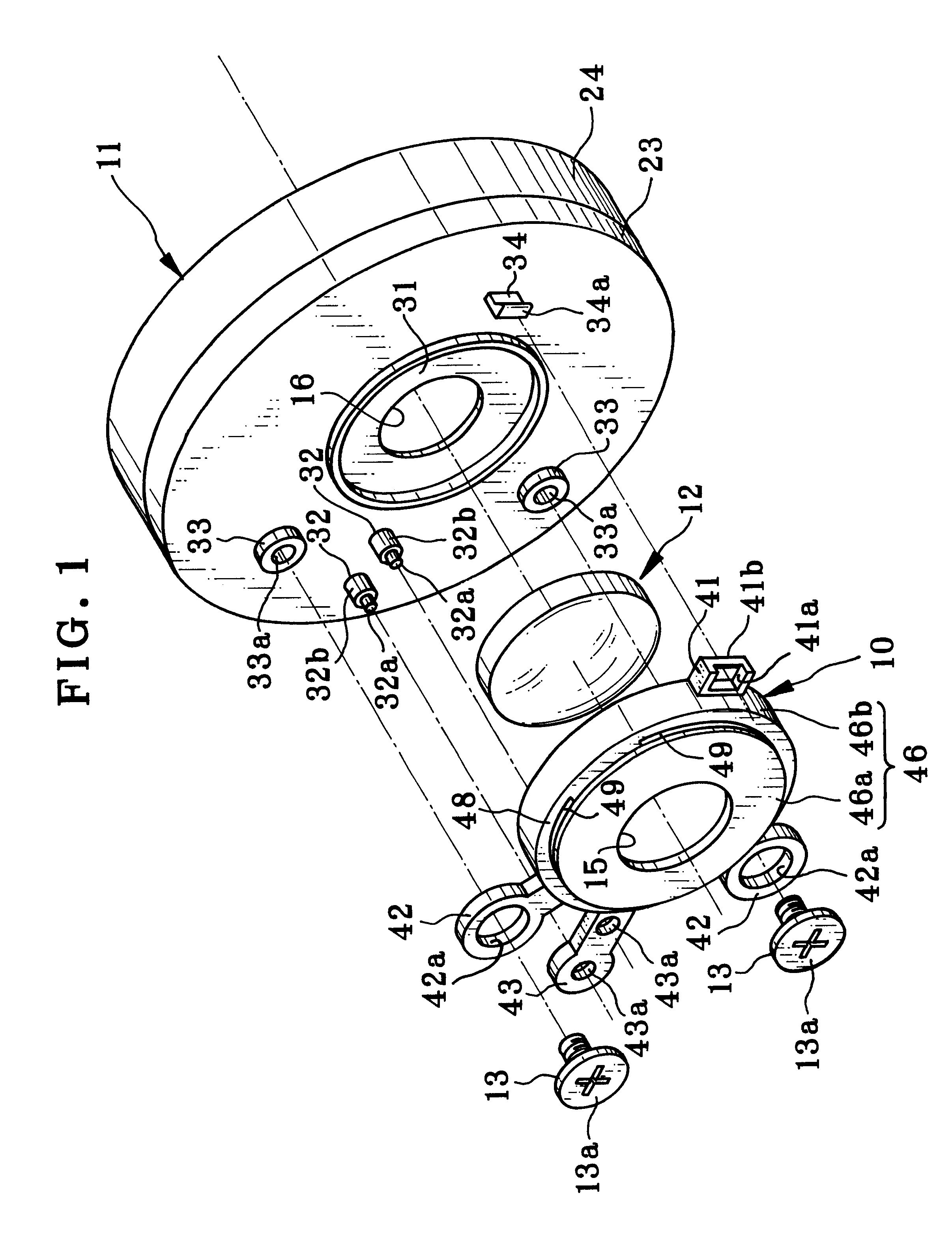 Lens holding frame for securing lens element to lens base