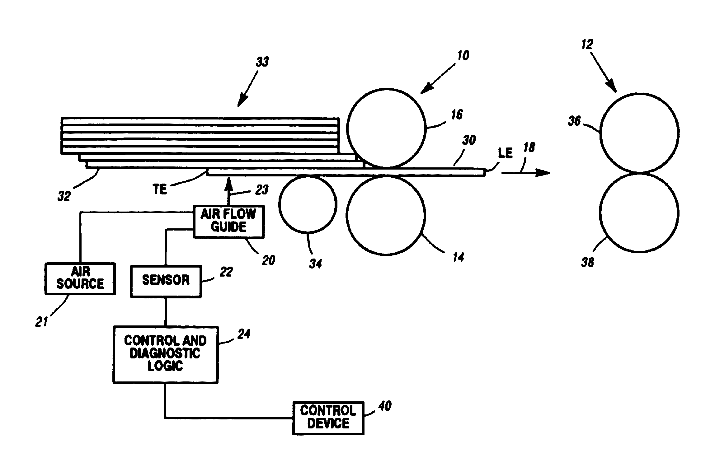 System and method for feeding and transporting documents including document trailing edge detection by sensing an air flow disruption while the document is still being fed from the document stack