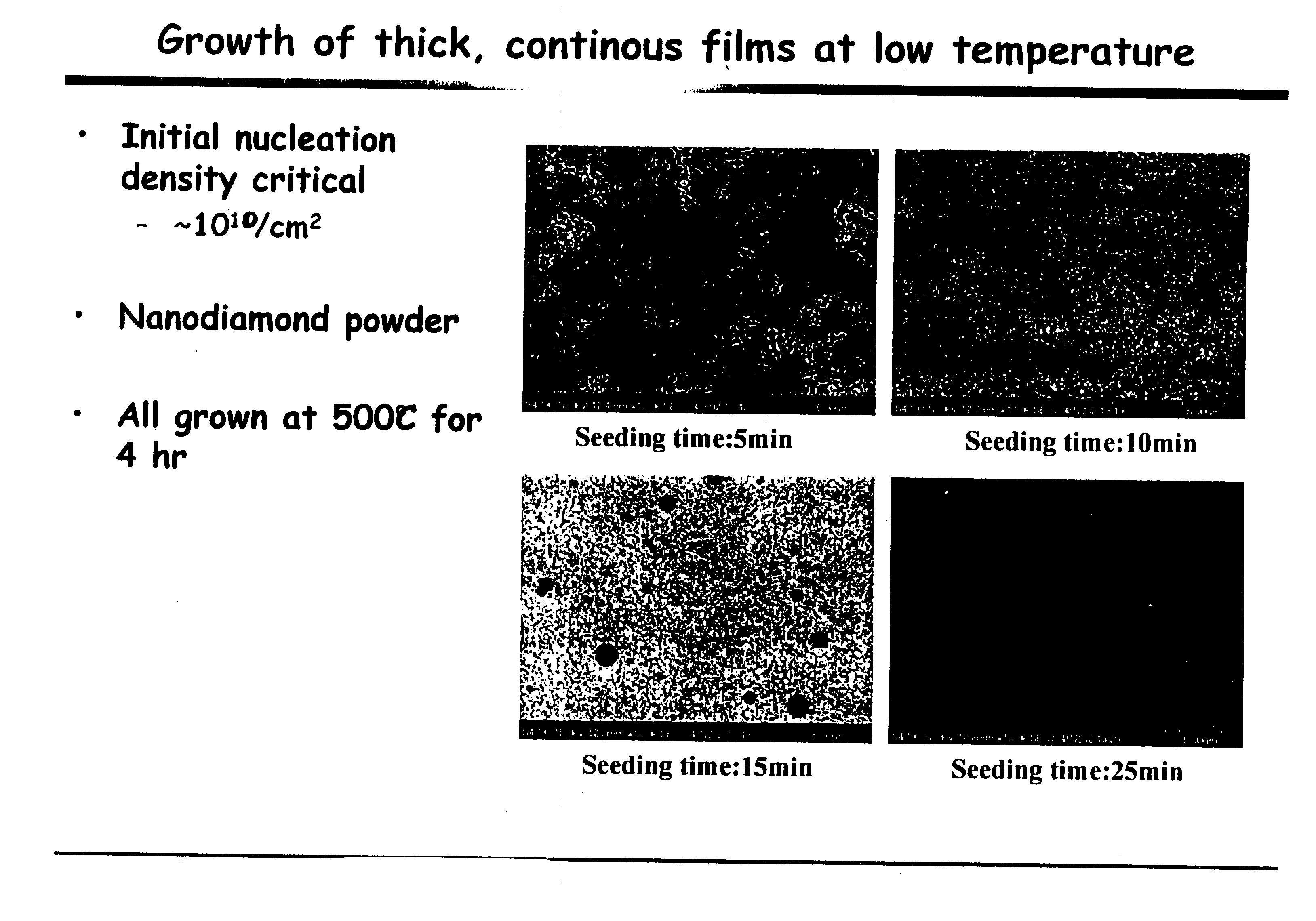 Method to grow pure nanocrystalline diamond films at low temperatures and high deposition rates