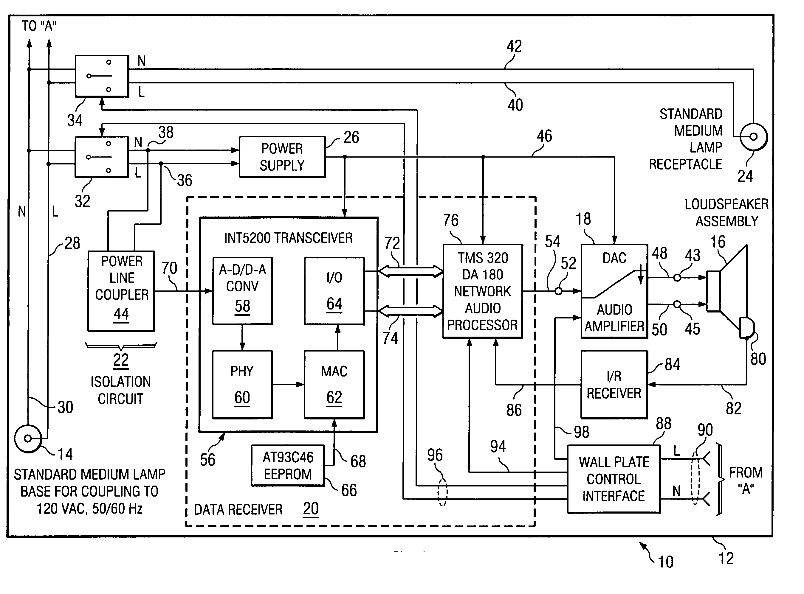 High speed data interface to the AC power line through a standard light bulb socket