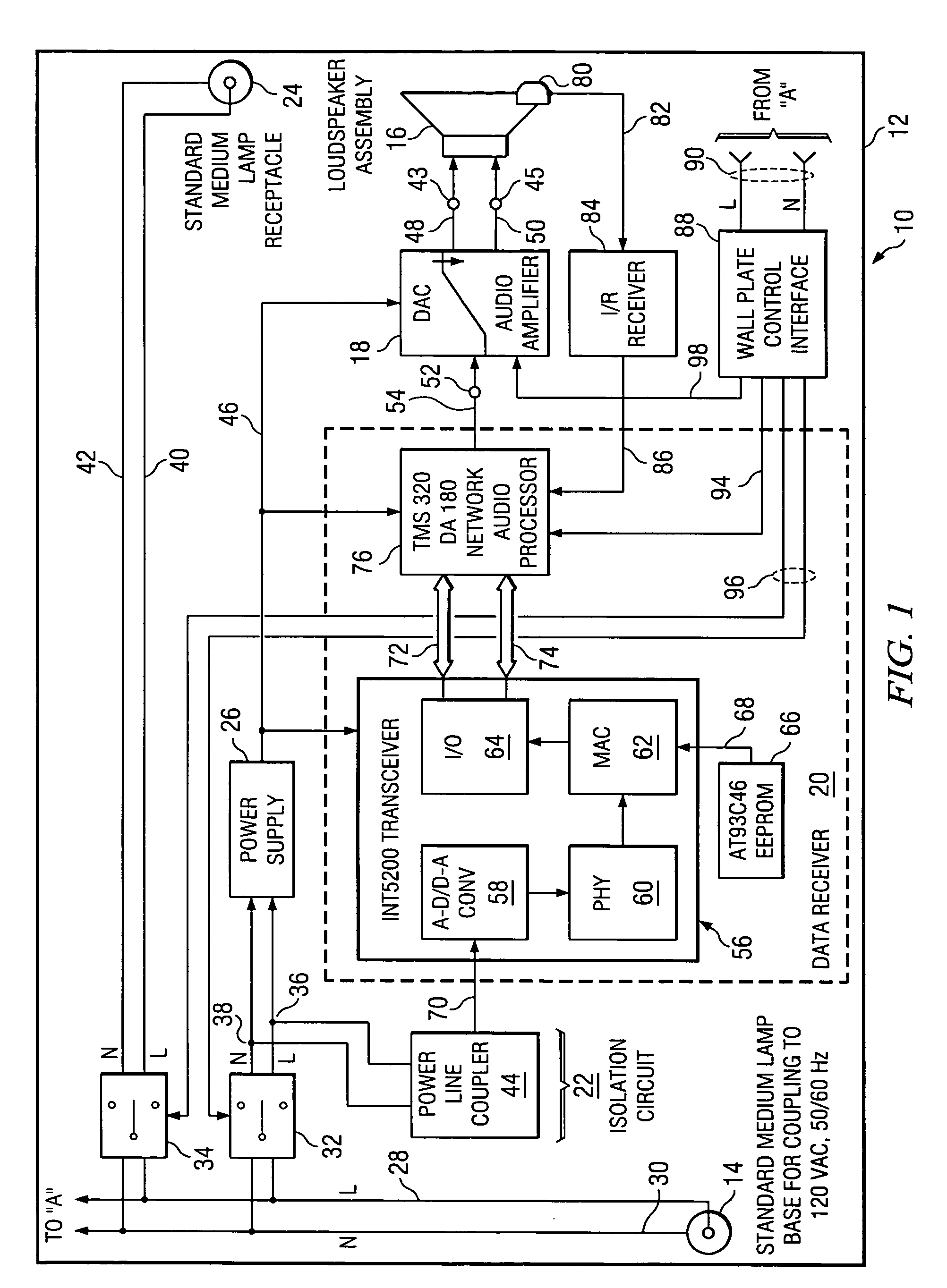 High speed data interface to the AC power line through a standard light bulb socket