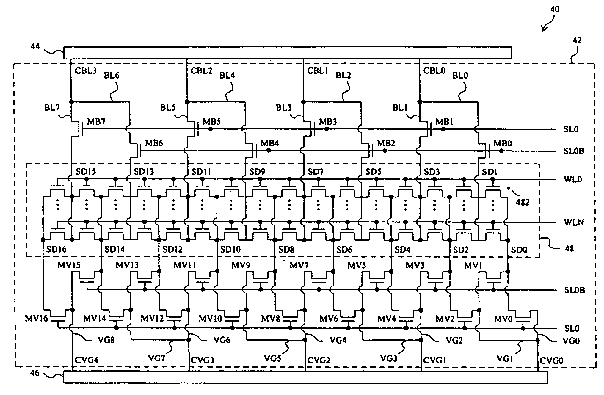 Flat cell read only memory using common contacts for bit lines and virtual ground lines