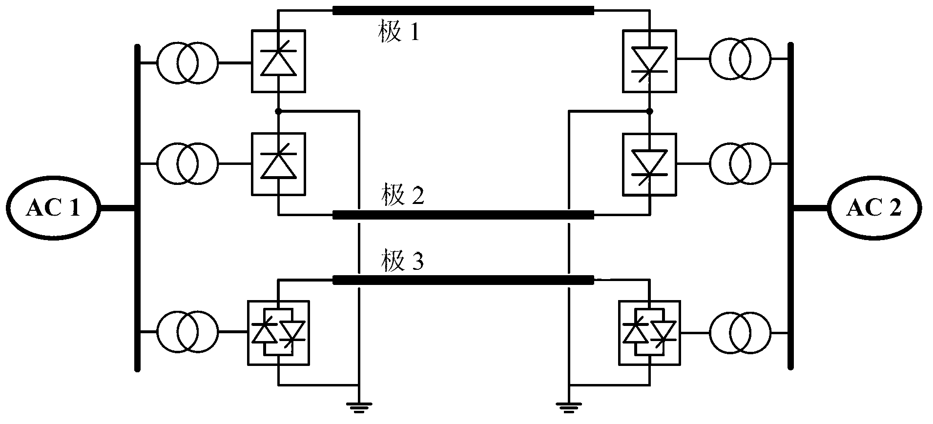 Direct current transmission system based on three-pole type structure