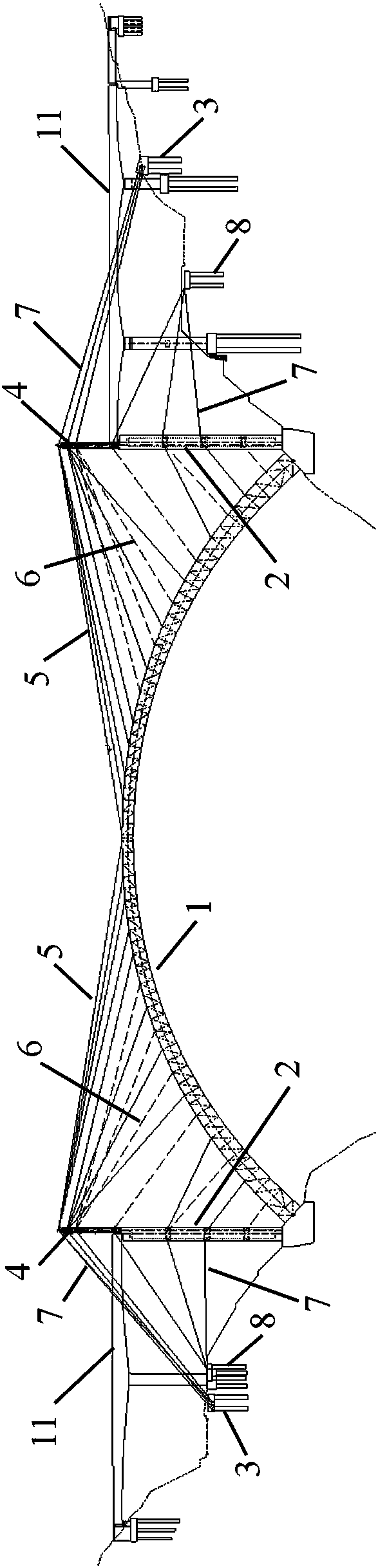 Construction method for long-span handle-basket arch bridge steel arch rib fastening and hanging system in high speed railway