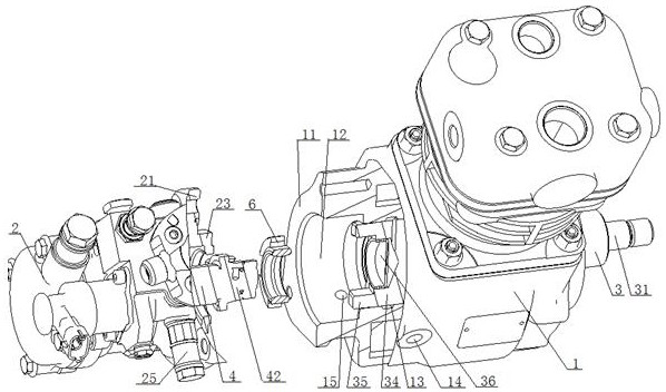 A transmission connection structure between an air compressor and a high-pressure oil pump