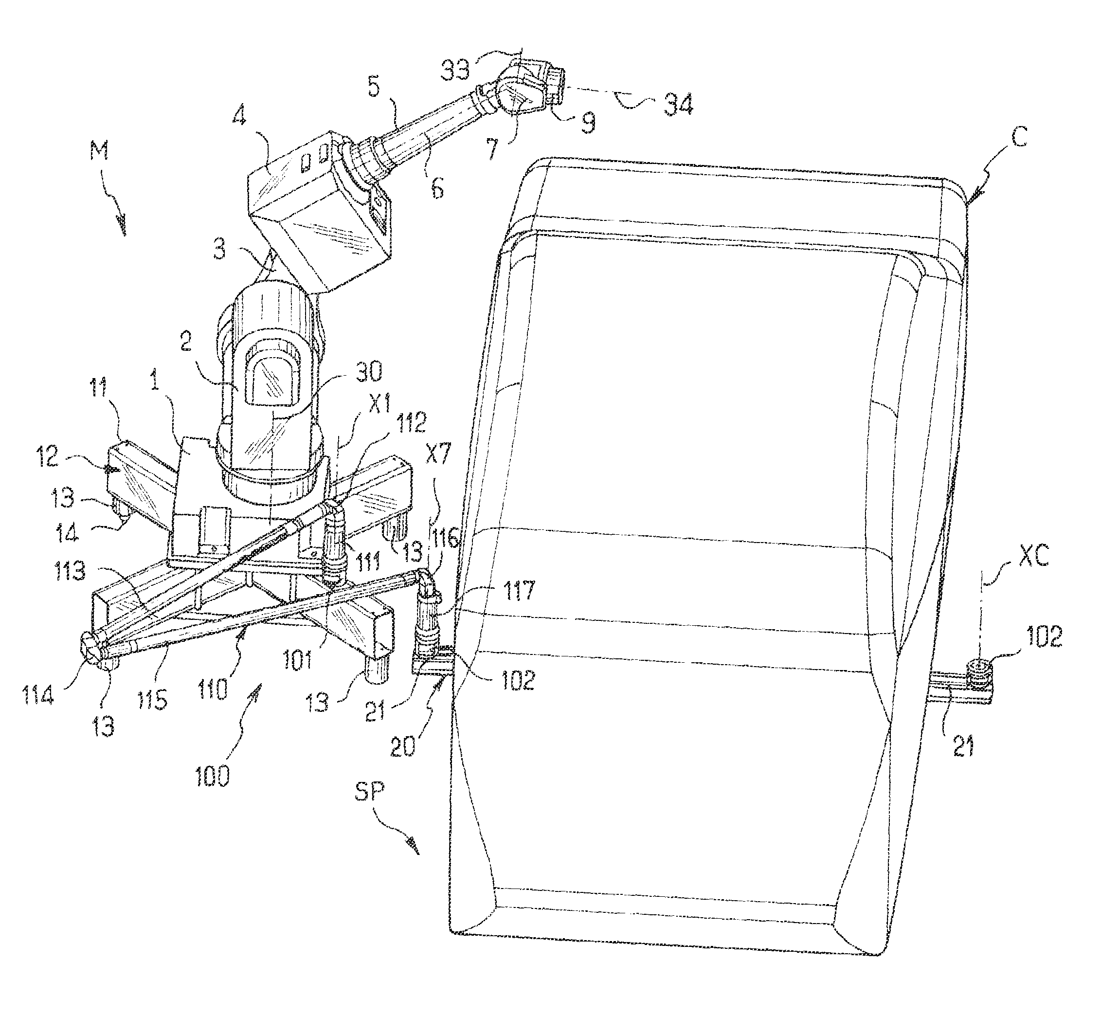 System for identifying the position of three-dimensional machine for measuring or machining in a fixed frame of reference