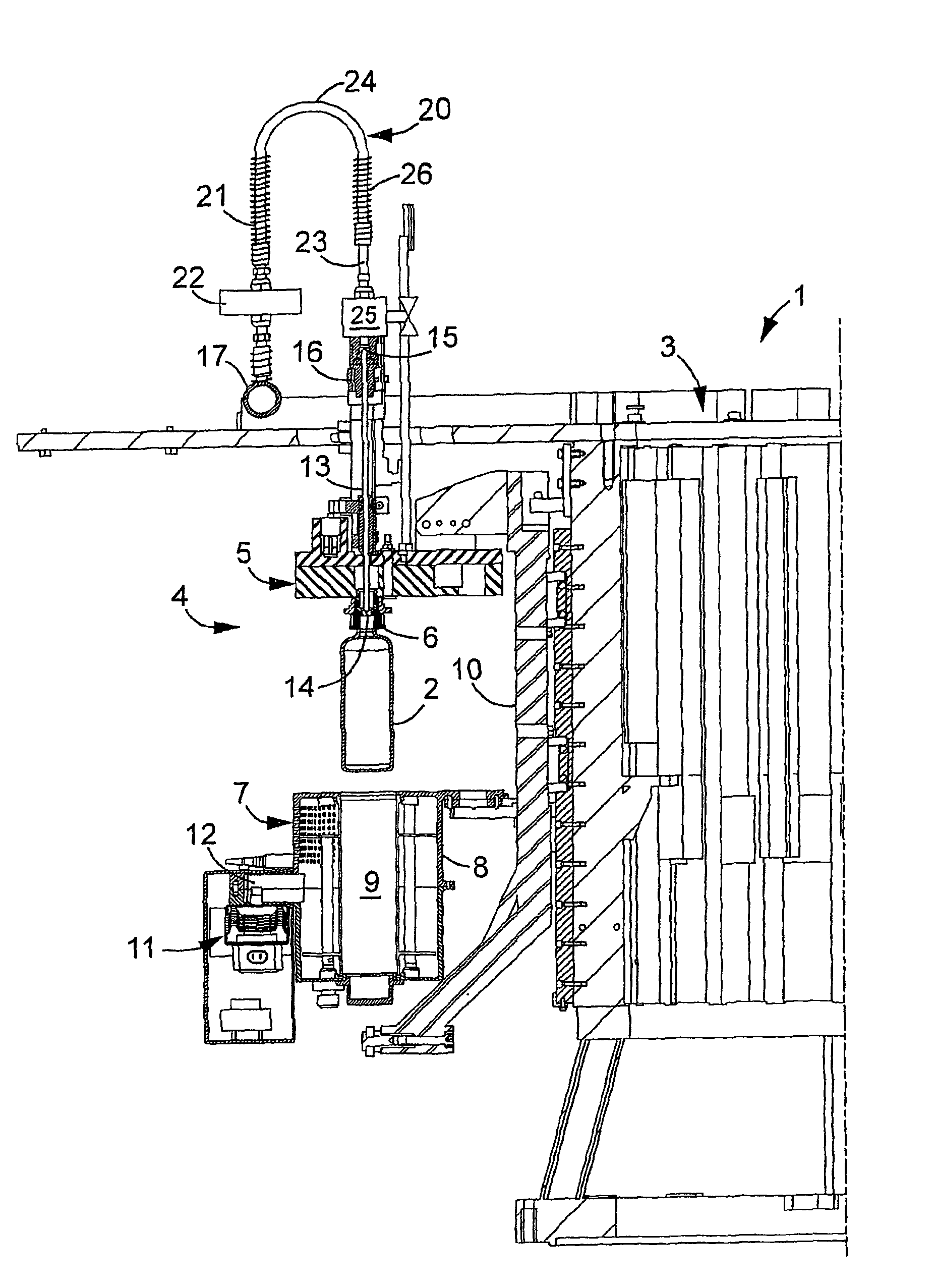 Apparatus for plasma-enhanced chemical vapor deposition (PECVD) of an internal barrier layer inside a container, said apparatus including a gas line isolated by a solenoid valve