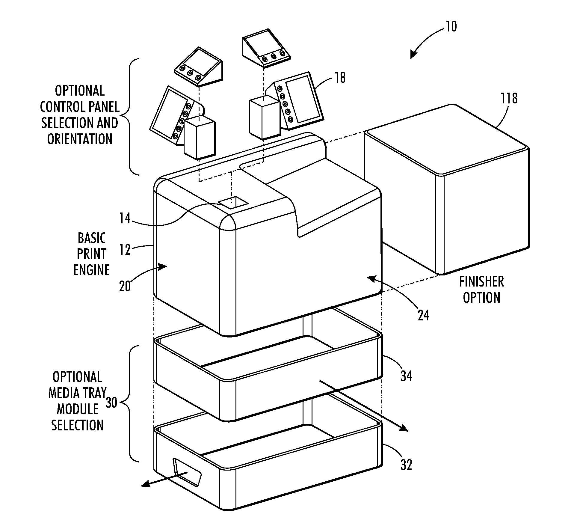 Printer architecture enabling narrow or wide front facing orientation