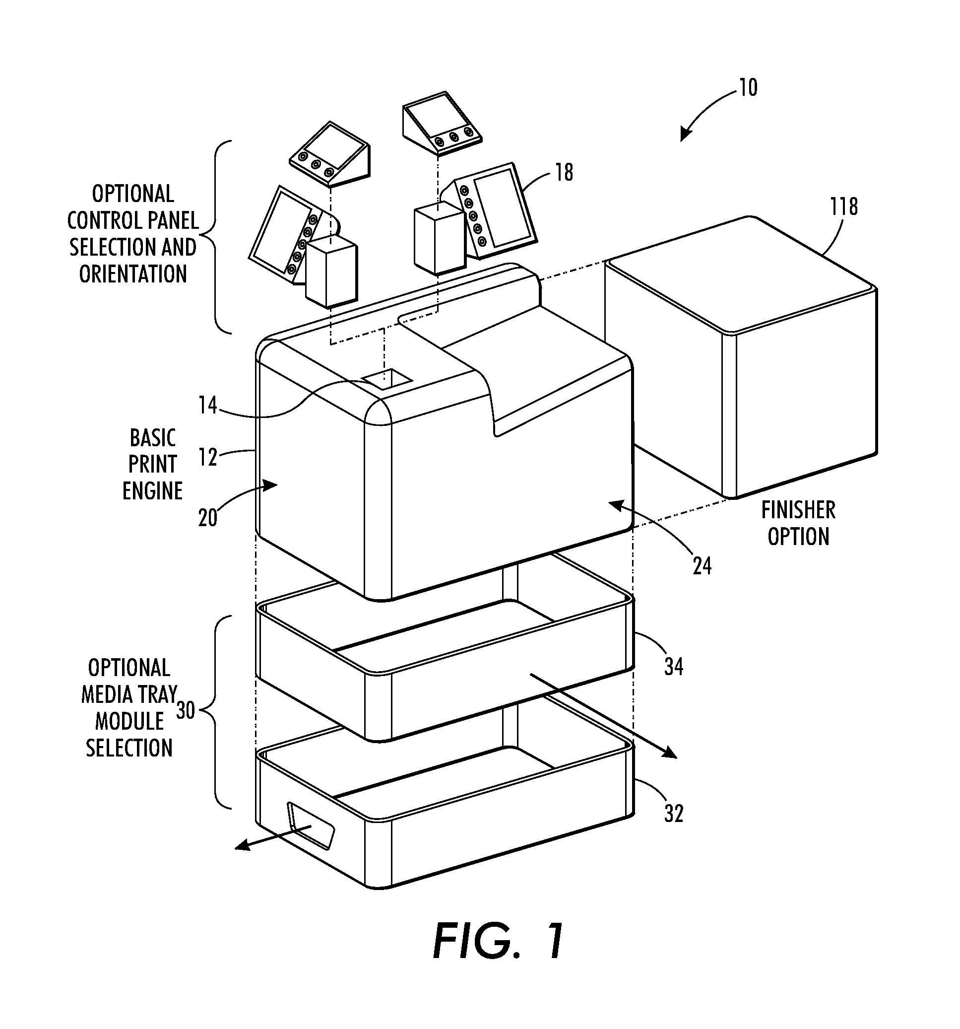 Printer architecture enabling narrow or wide front facing orientation