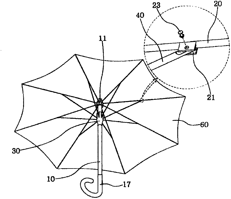 Umbrella which has a simple coupling structure, which does not rust, and which can be used for a long time